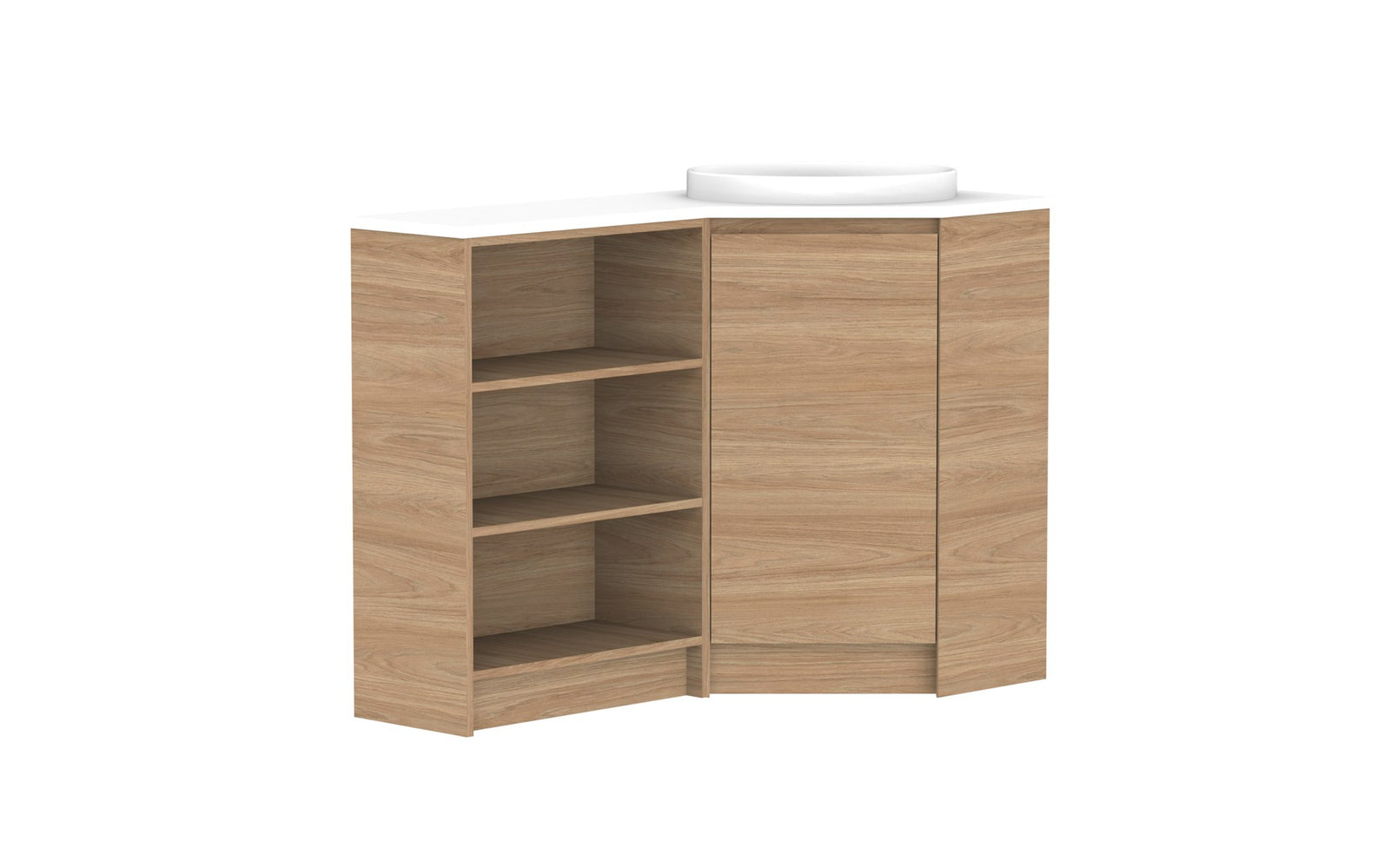 ADP Glacier Corner Floor Mount Vanity 600 x 1200mm right hand, open shelf, benchtop