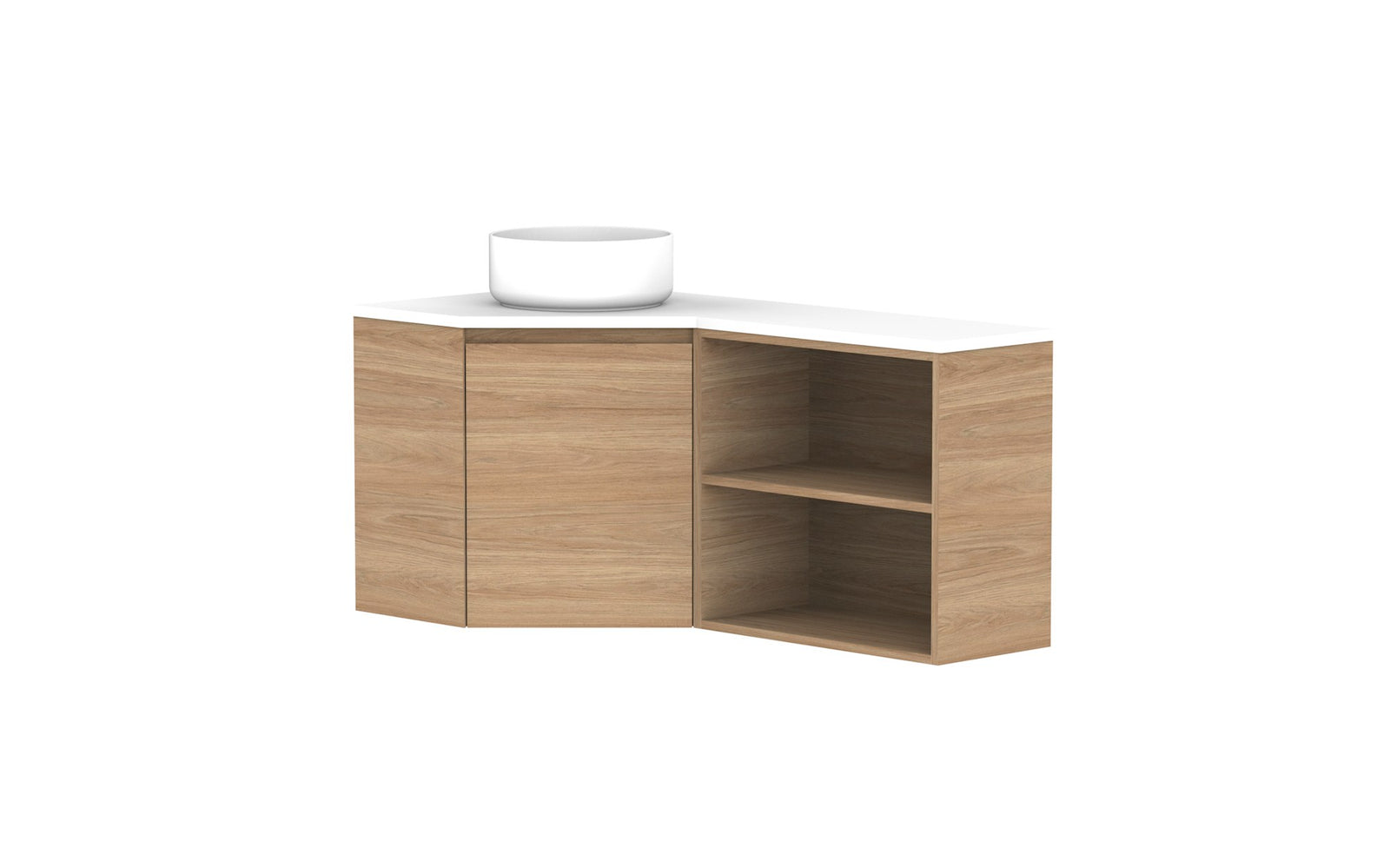 ADP Glacier Corner Wall Hung Vanity 600 x 1200mm left hand, open shelf, benchtop