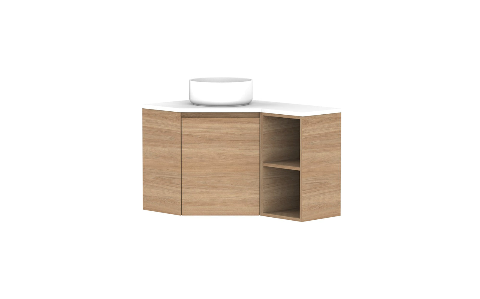 ADP Glacier Corner Wall Hung Vanity 600 x 900mm left hand, open shelf, benchtop