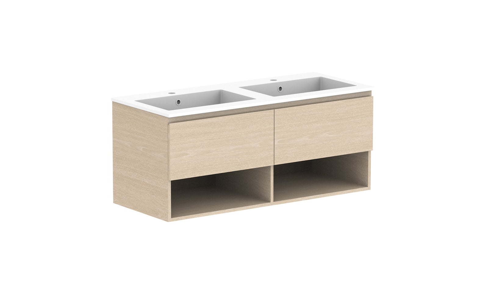 ADP Glacier Full Depth Shelf Slim Wall Hung Vanity 1200mm double bowl, cast marble top