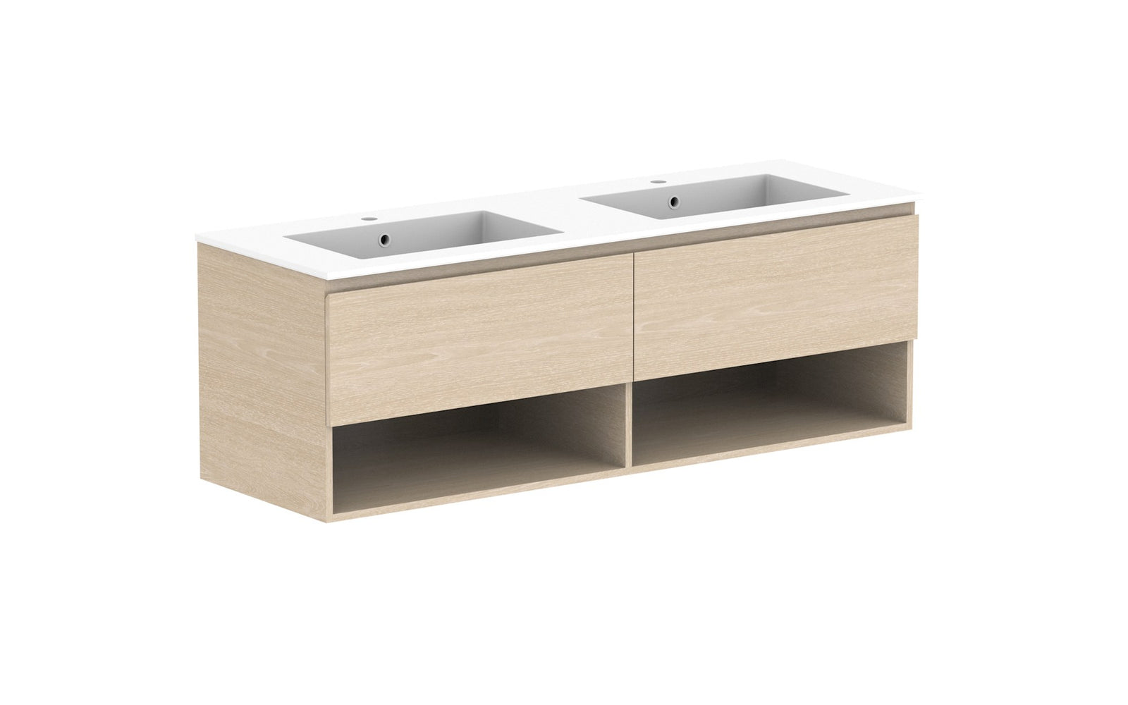 ADP Glacier Full Depth Shelf Slim Wall Hung Vanity 1500mm double bowl, cast marble top