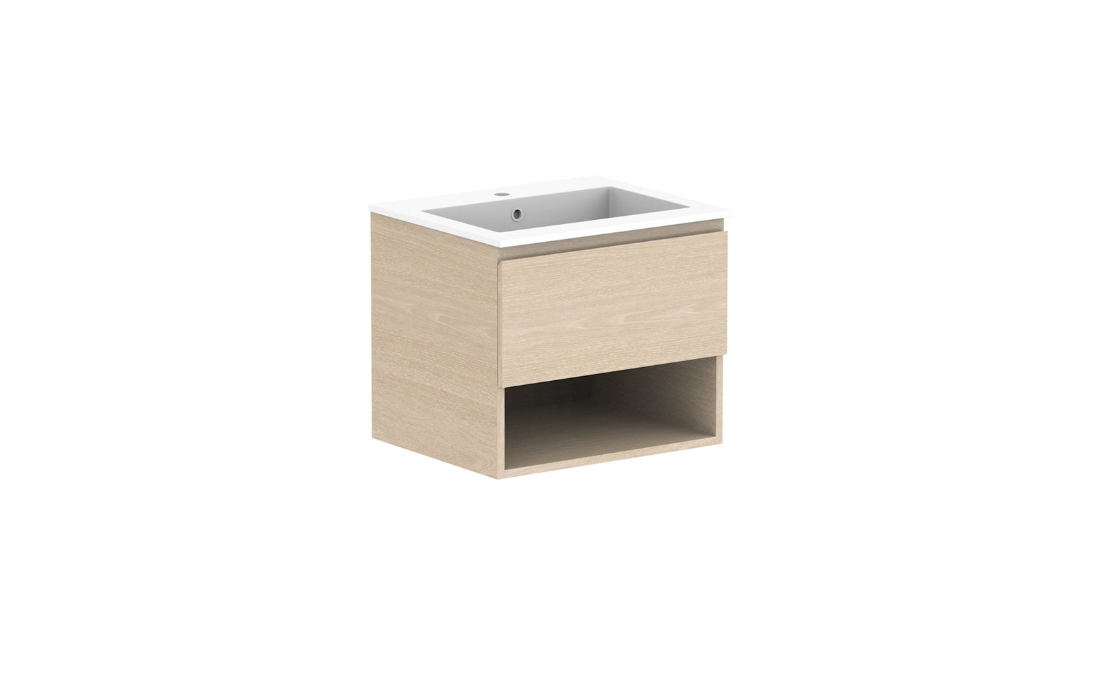 ADP Glacier Full Depth Shelf Slim Wall Hung Vanity 600mm centre bowl, cast marble top