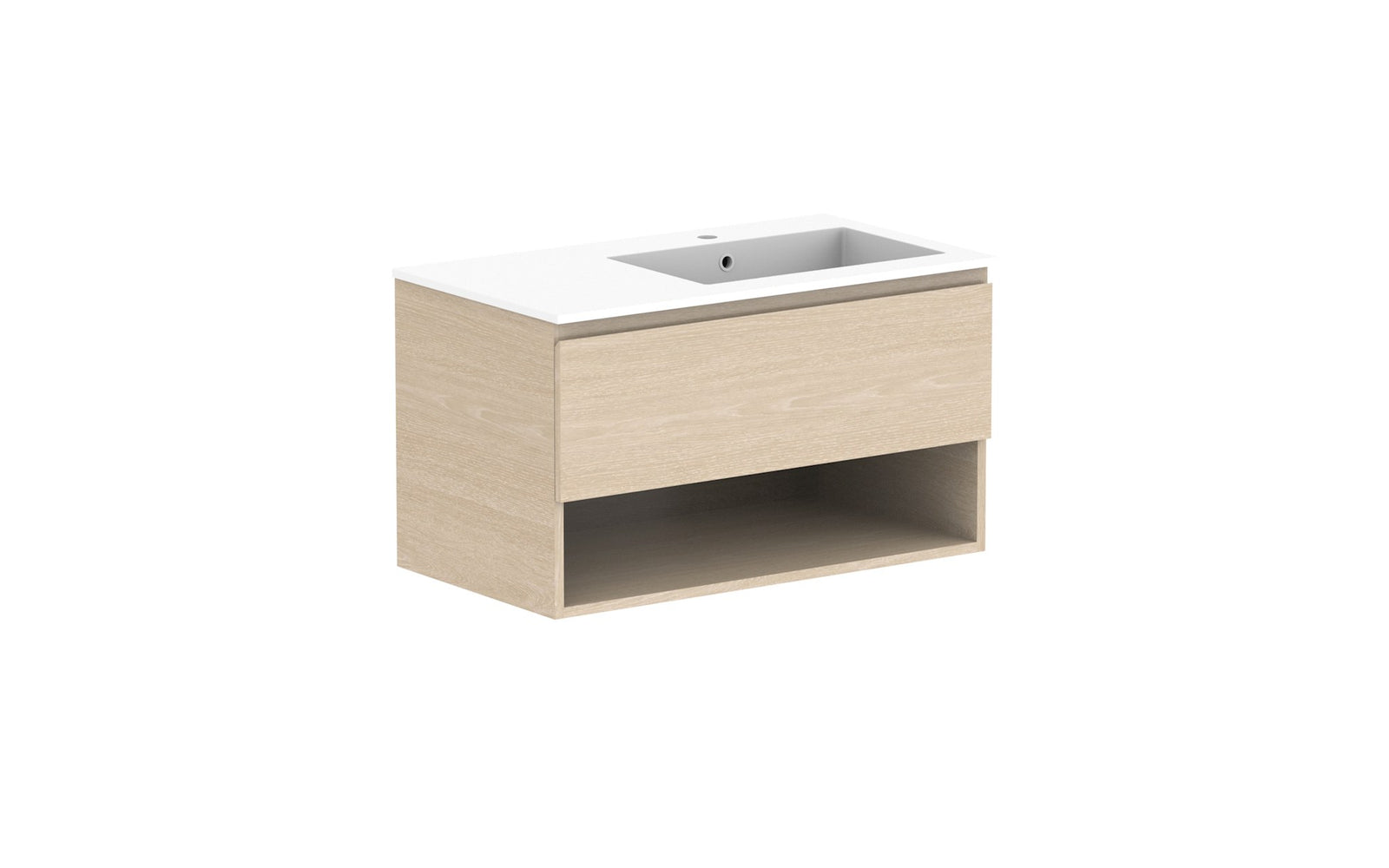 ADP Glacier Full Depth Shelf Slim Wall Hung Vanity 900mm right offset bowl, cast marble top