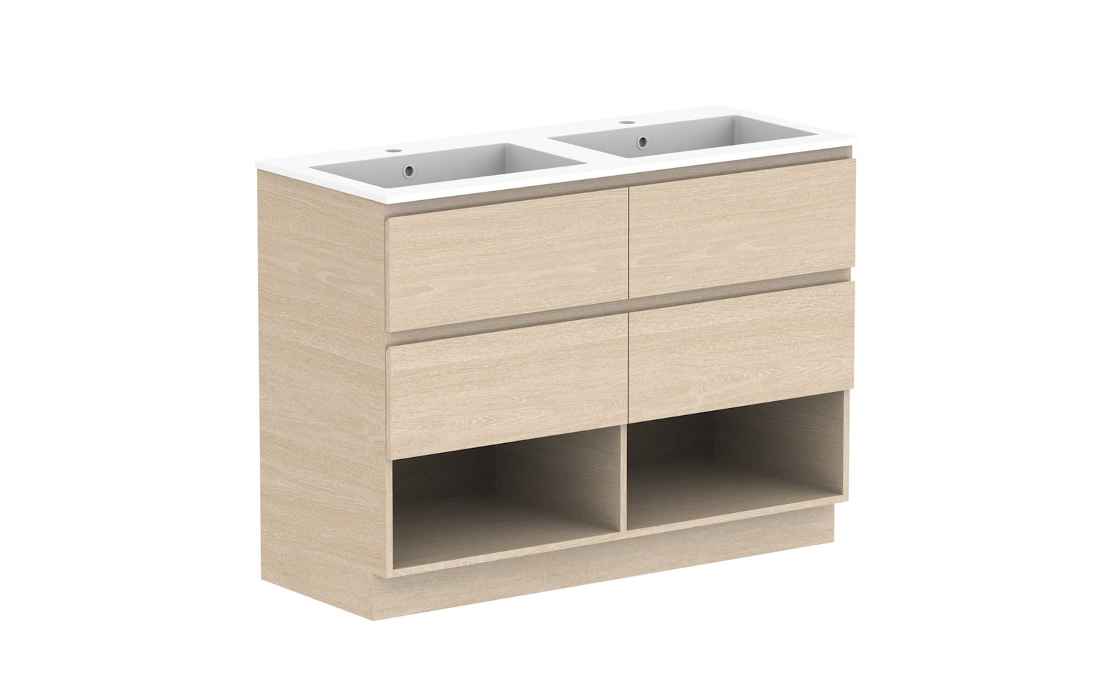 ADP Glacier Full Depth Shelf Twin Floor Mount Vanity 1200mm double bowl, cast marble top
