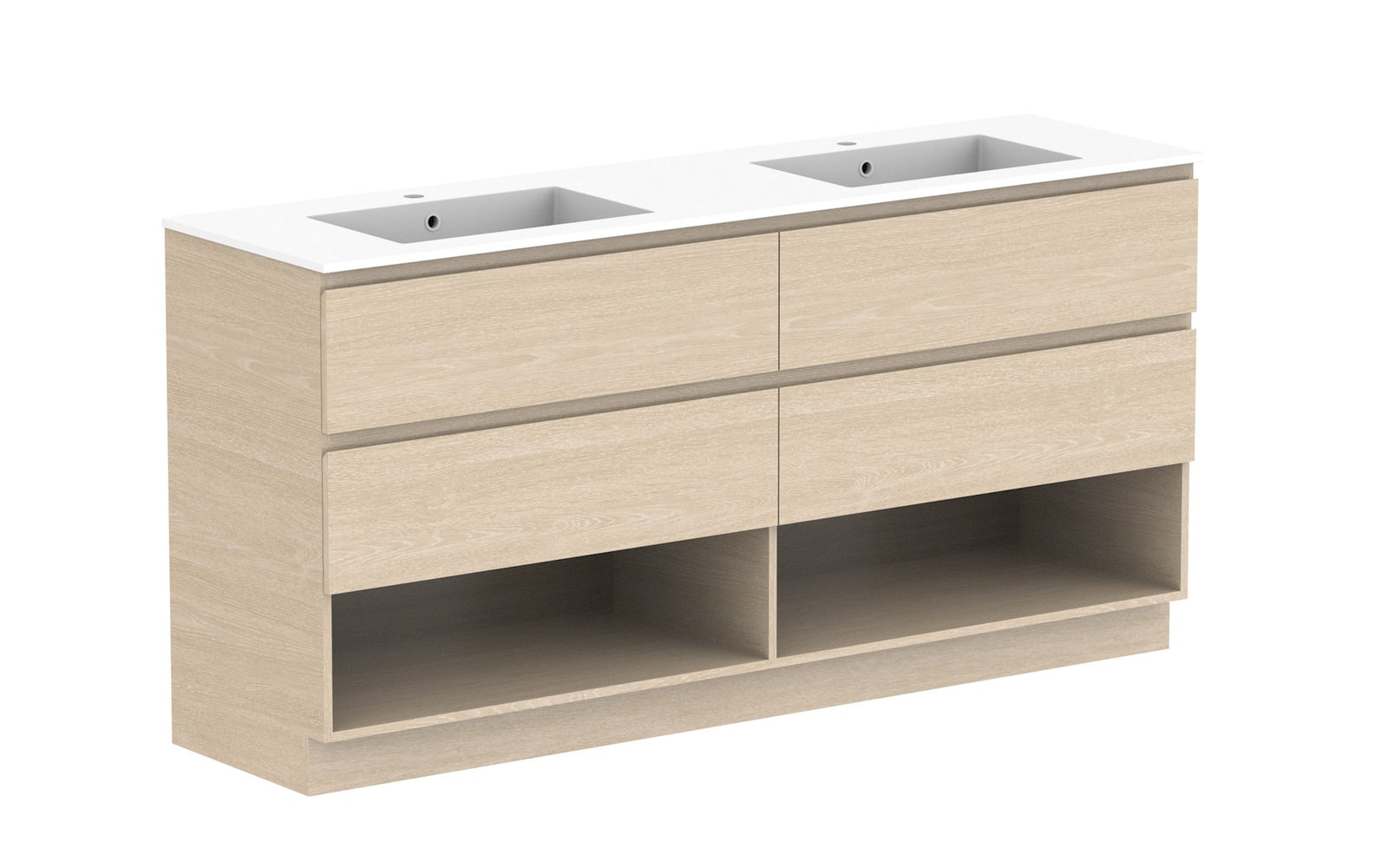 ADP Glacier Full Depth Shelf Twin Floor Mount Vanity 1800mm double bowl, cast marble top
