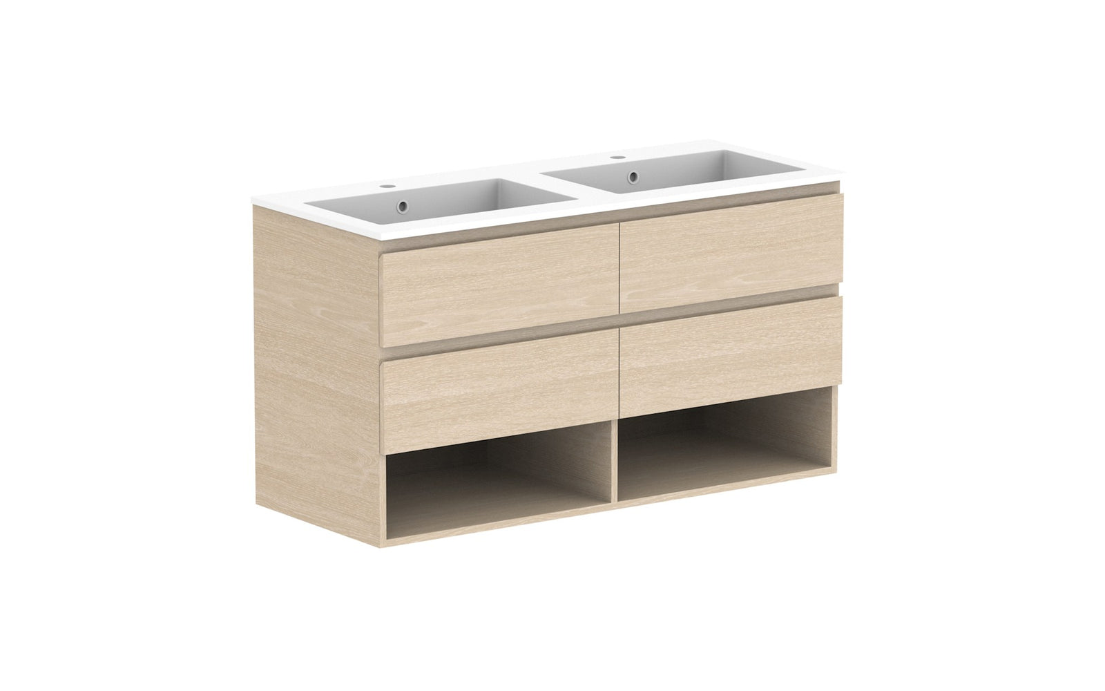 ADP Glacier Full Depth Shelf Twin Wall Hung Vanity 1200mm double bowl, cast marble top