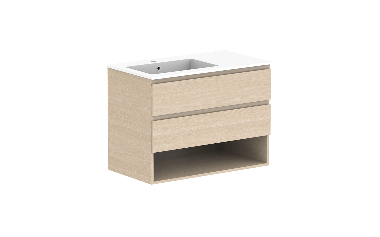 ADP Glacier Full Depth Shelf Twin Wall Hung Vanity 900mm left offset bowl, cast marble top