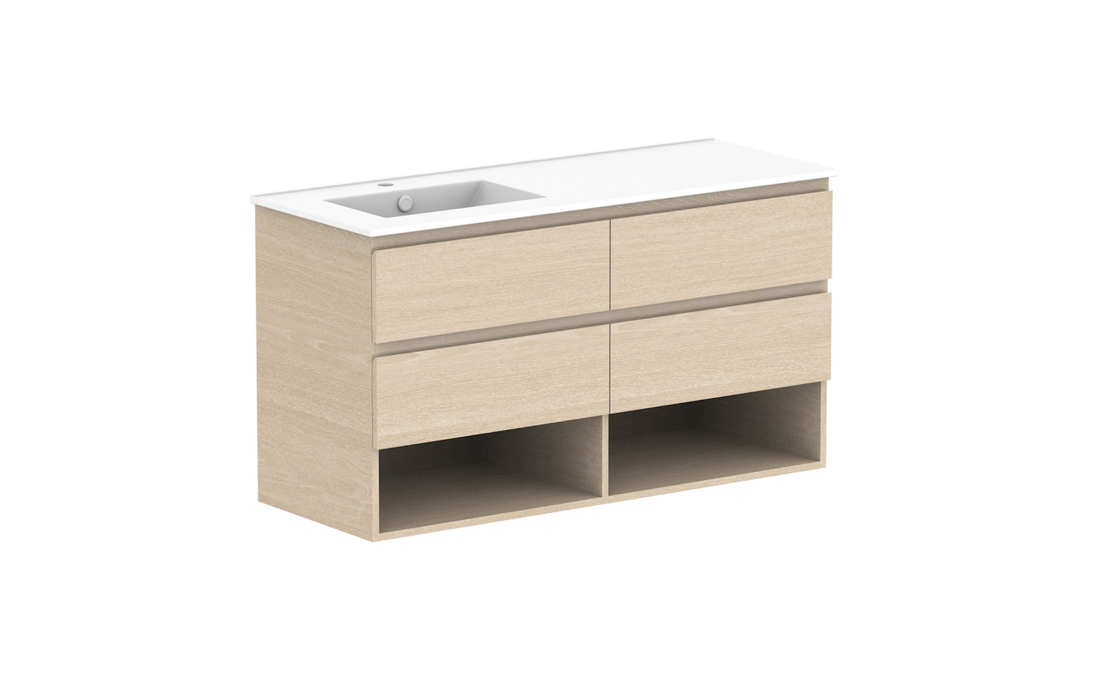 ADP Glacier Full Depth Shelf Twin Wall Hung Vanity 1200mm left offset bowl, ceramic top