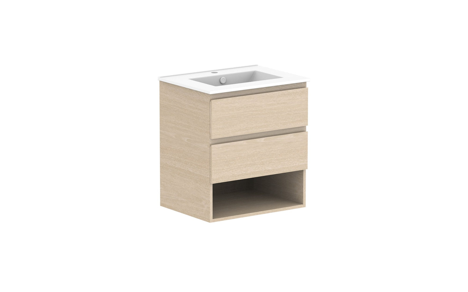 ADP Glacier Full Depth Shelf Twin Wall Hung Vanity 600mm centre bowl, ceramic top