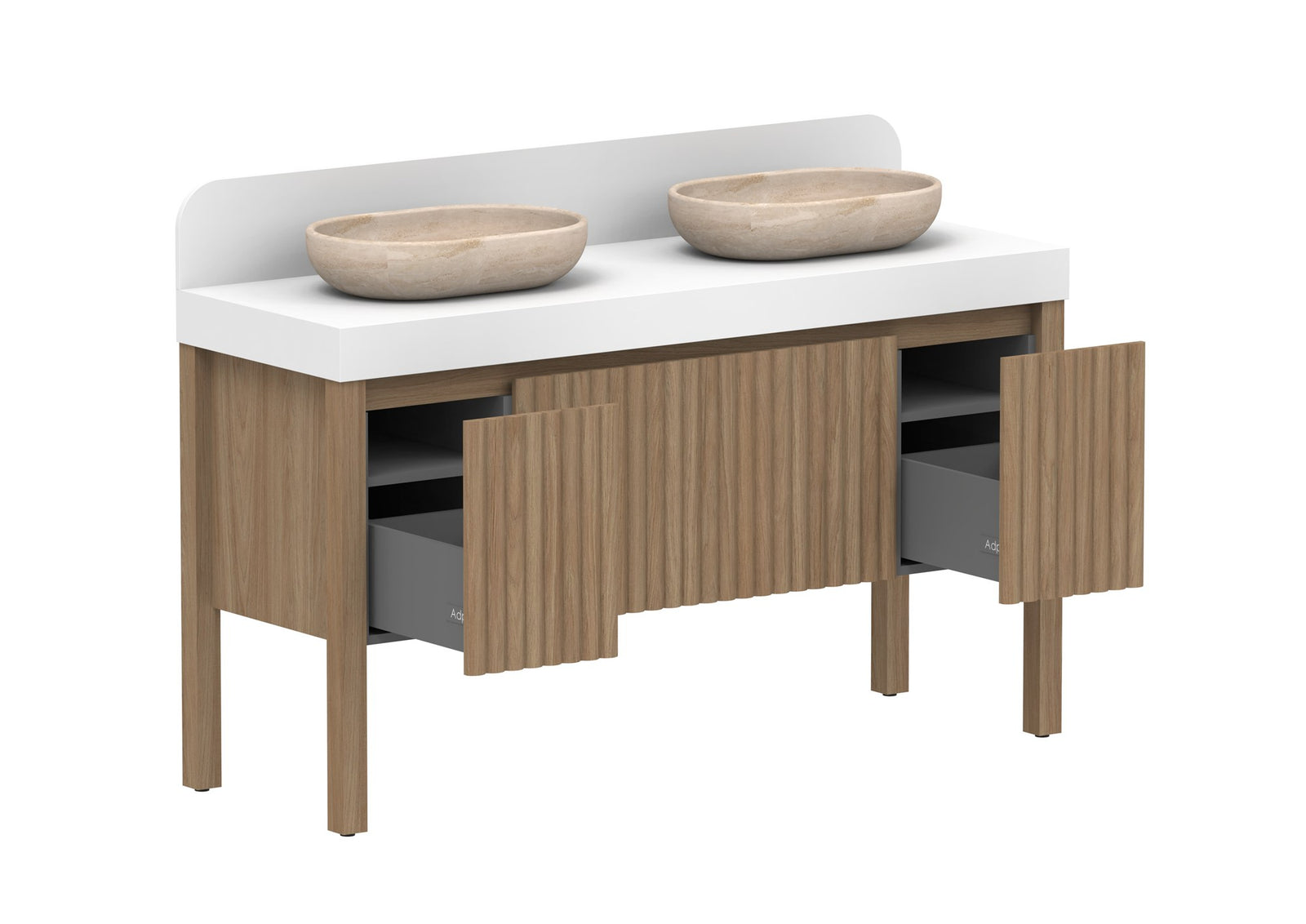 ADP Harper With Legs Floor Mount Vanity 1500mm double bowl in Prime Oak, open