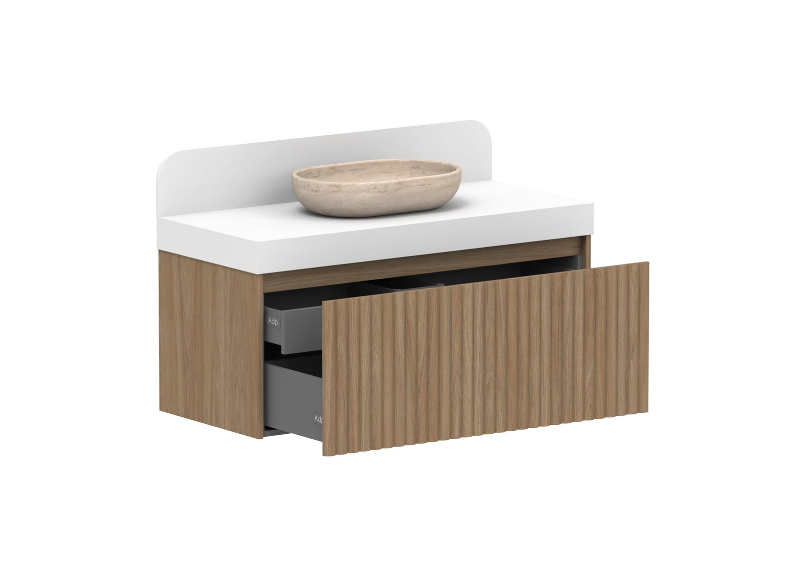 ADP Harper Wall Hung Vanity 1135mm centre bowl in Prime Oak, open