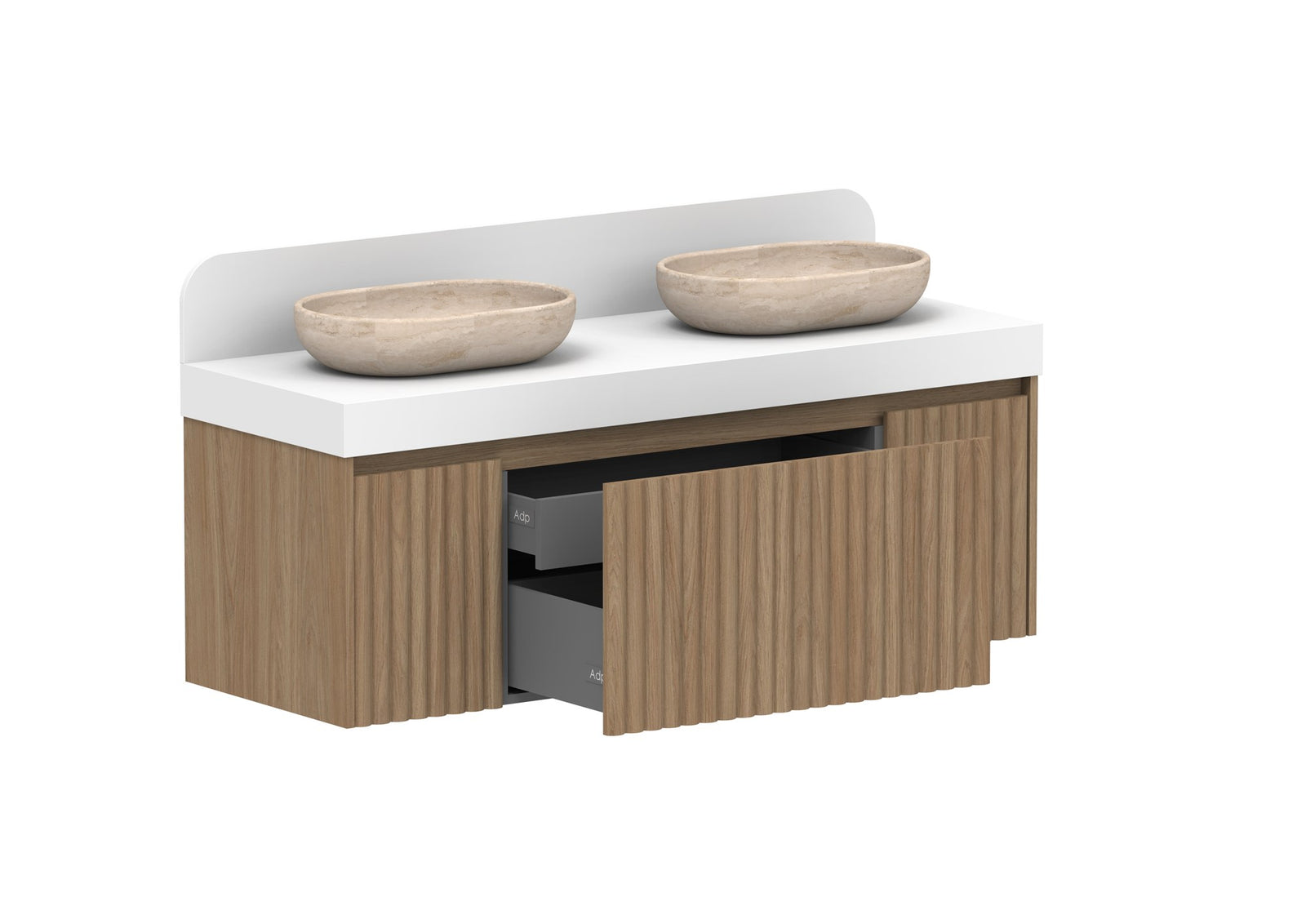ADP Harper Wall Hung Vanity 1435mm double bowl in Prime Oak, open