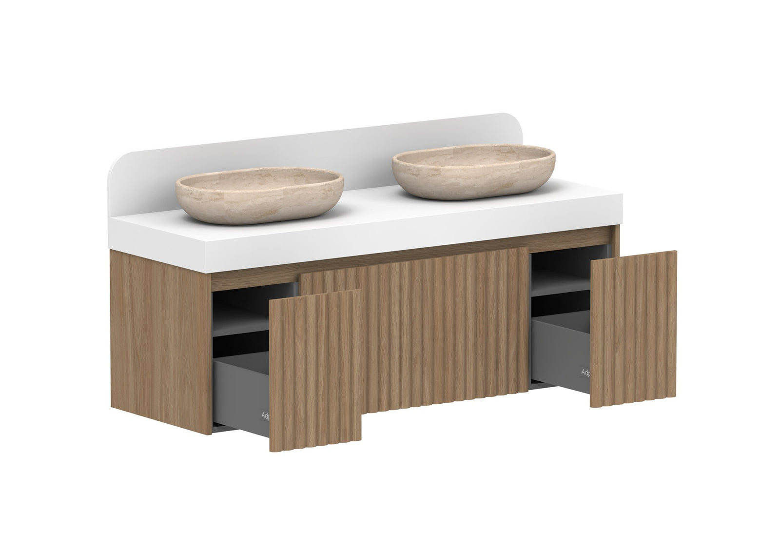 ADP Harper Wall Hung Vanity 1435mm double bowl in Prime Oak, open