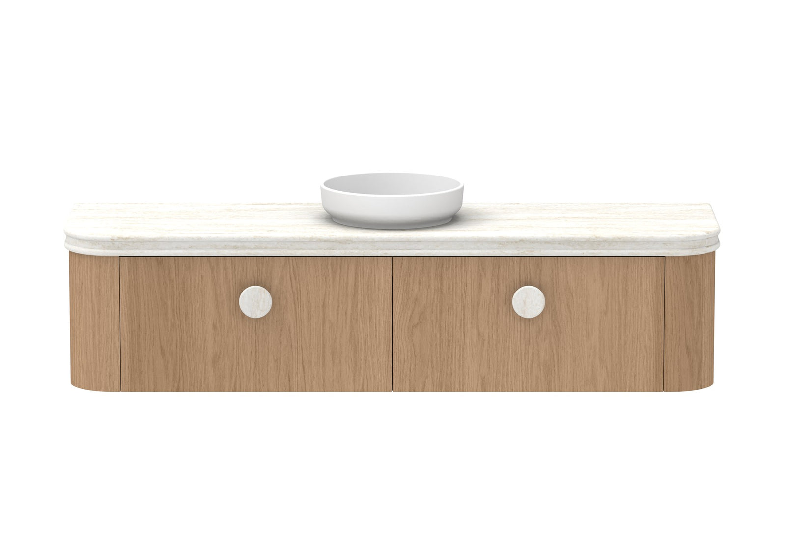 ADP Surry Wall Hung Vanity 1800mm centre bowl in Boston Oak, Royale benchtop, front view