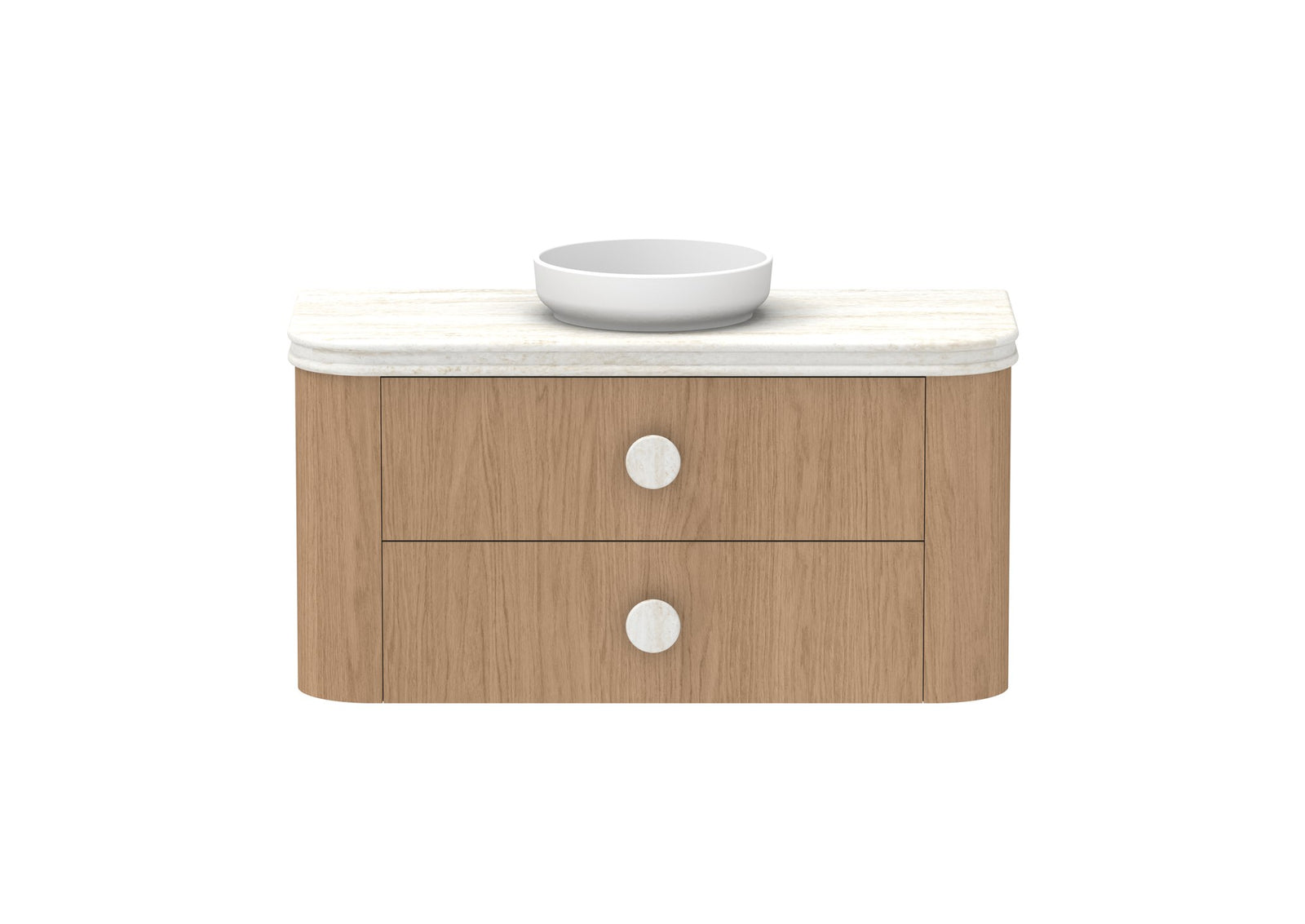 ADP Thea Wall Hung Vanity 1200mm centre bowl in Boston Oak, Royale benchtop, front view