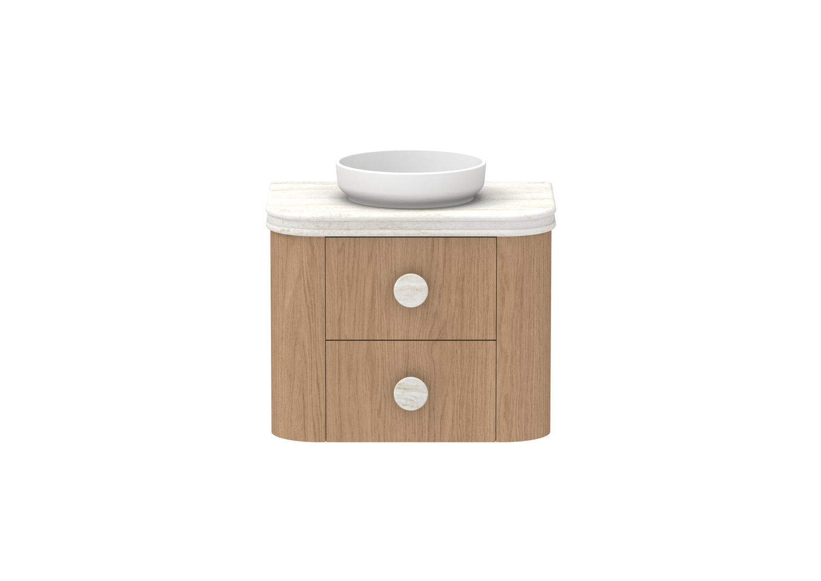 ADP Thea Wall Hung Vanity 750mm centre bowl in Boston Oak, Royale benchtop, front view