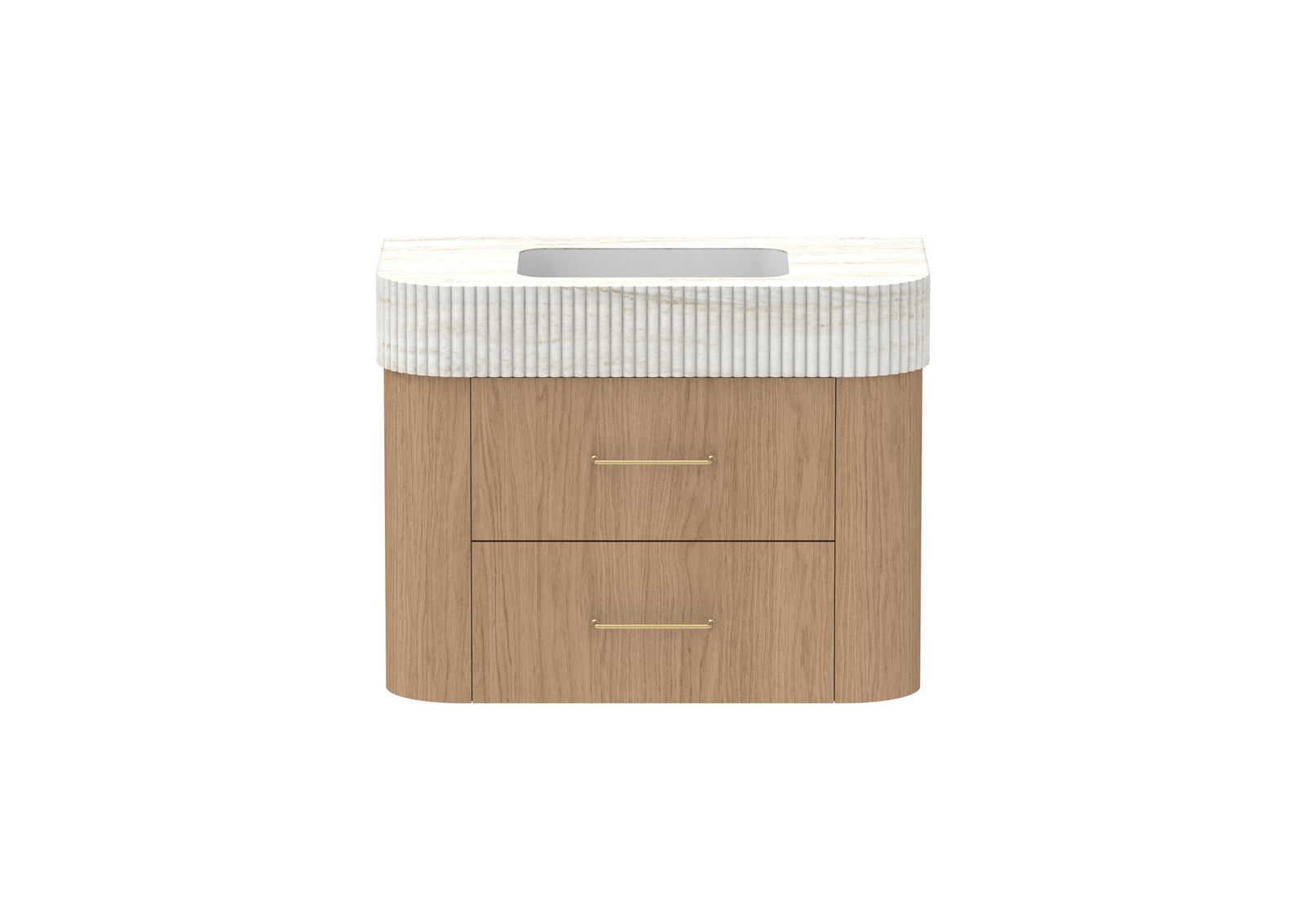 ADP Thea Wall Hung Vanity 900mm centre bowl in Boston Oak, Imperial top, front view