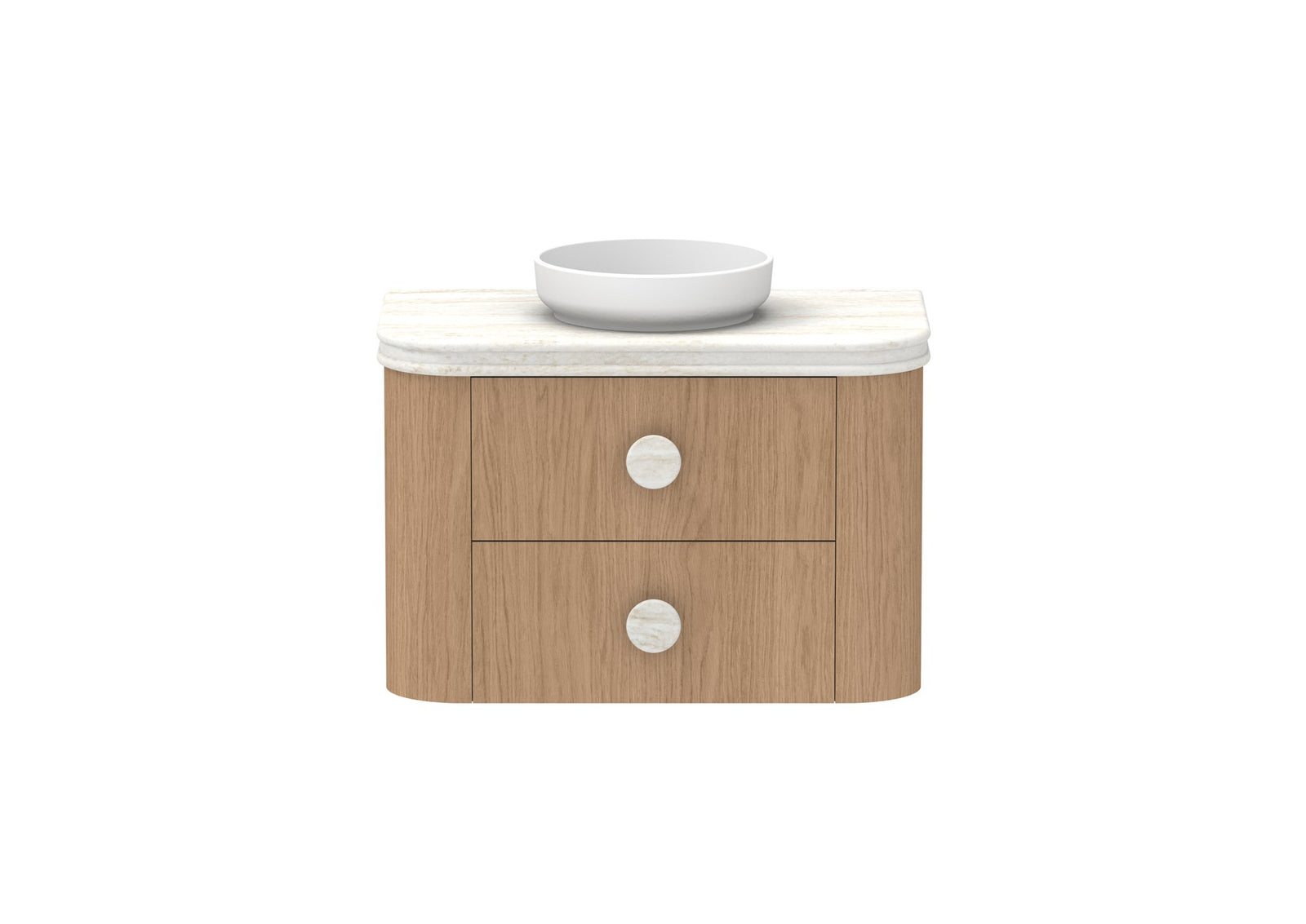 ADP Thea Wall Hung Vanity 900mm centre bowl in Boston Oak, Royale benchtop, front view