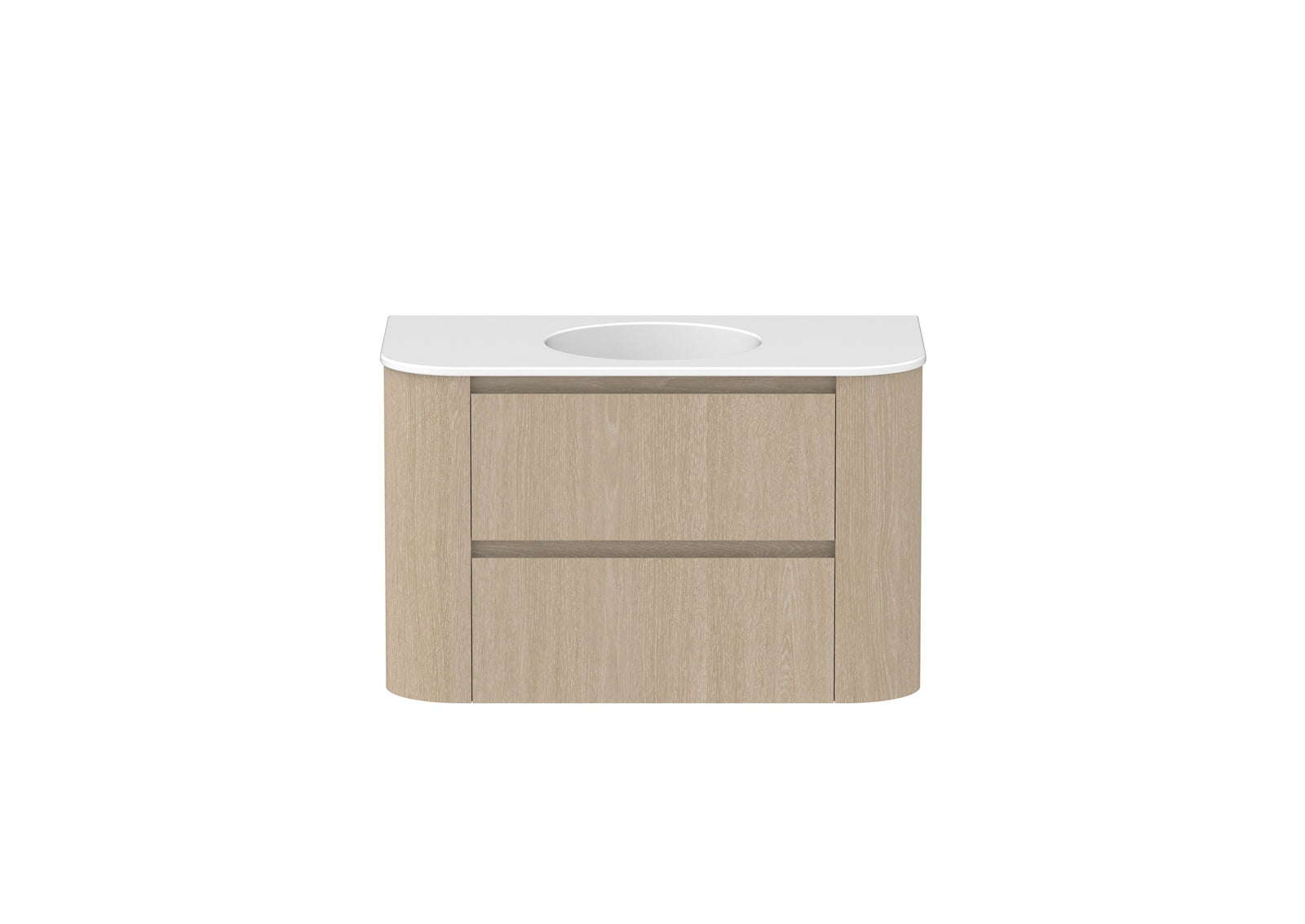 ADP Thea Wall Hung Vanity 900mm centre bowl in Coastal Oak, ceramic top, front view