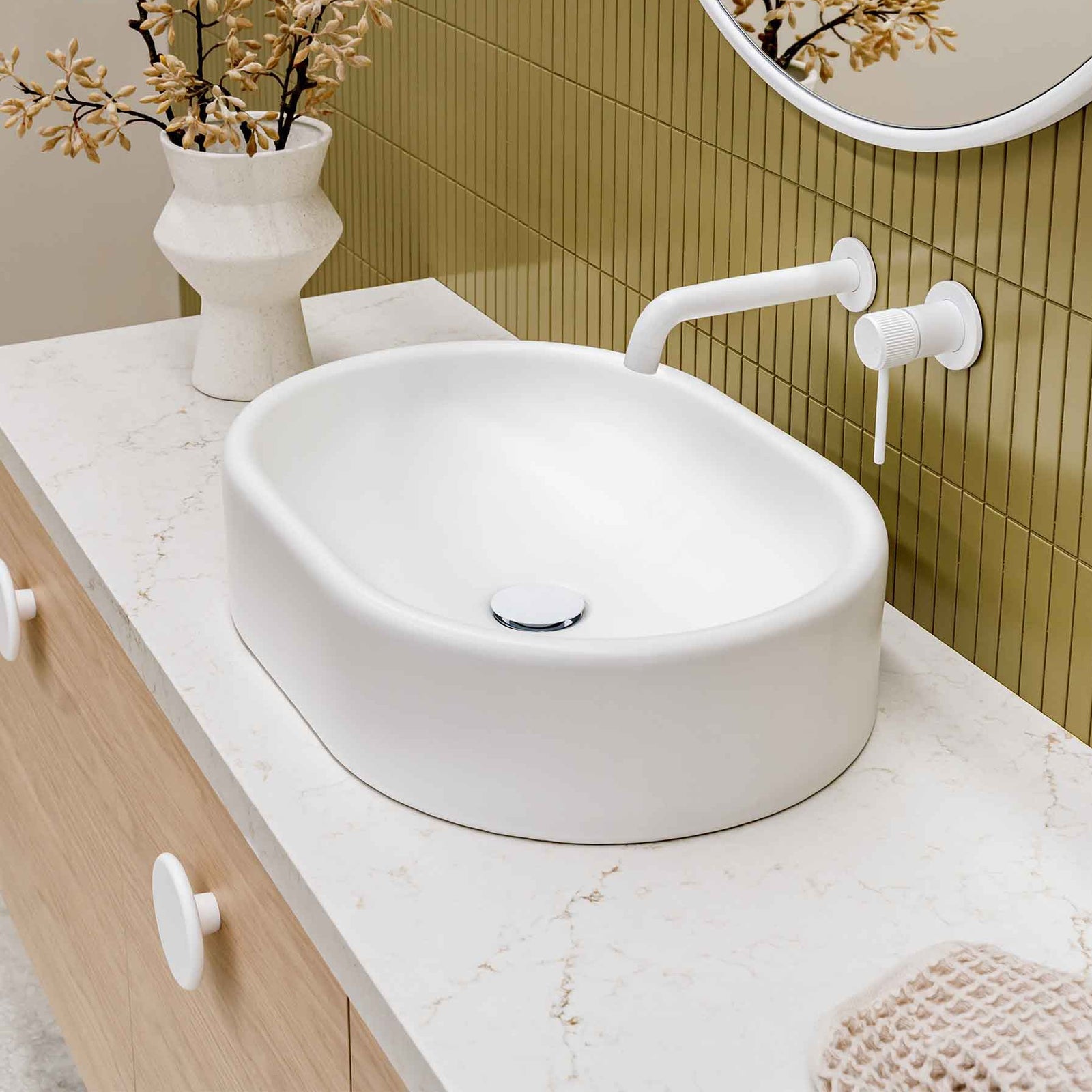 ADP Werri Basin in Matte White installed on a vanity benchtop