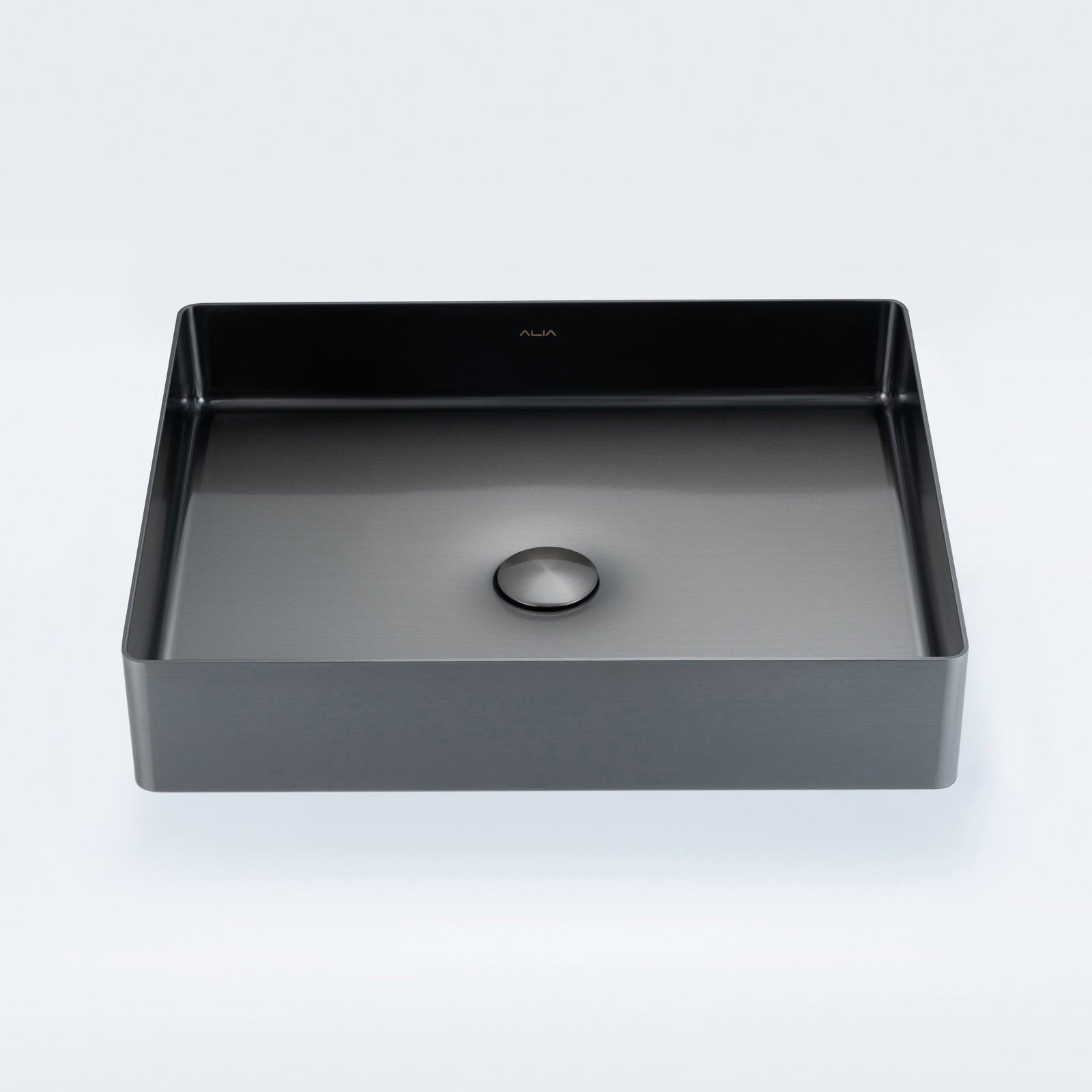 ALIA rectangular stainless steel bathroom basin in gunmetal grey displays a sleek, hygienic design, perfect as a feature sink in residential or commercial bathroom remodels.