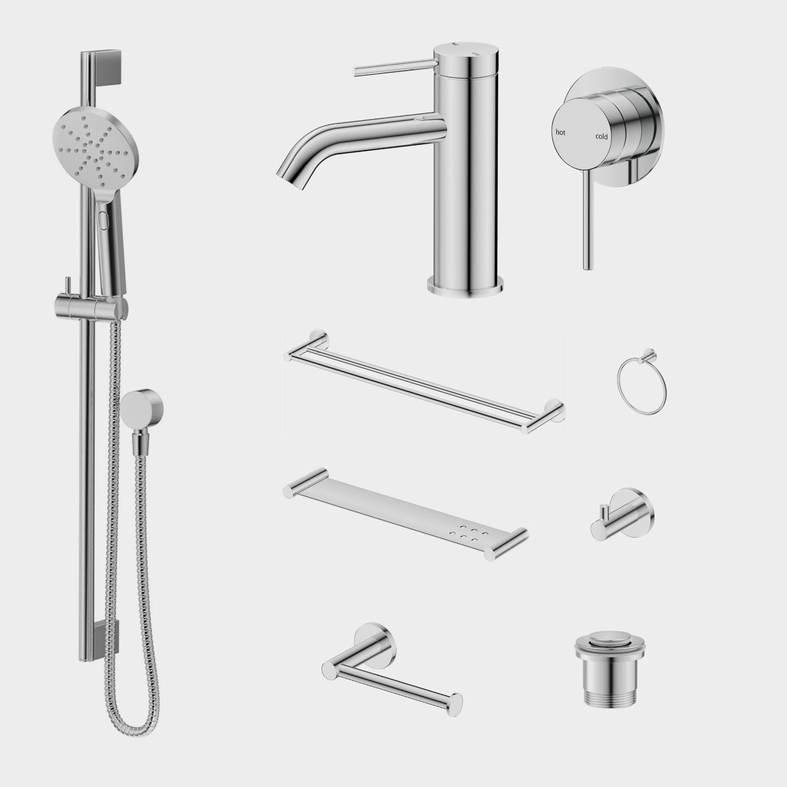 Bella Vista Mica 10-Piece Bathroom Package Builder - Chrome: every piece in the package