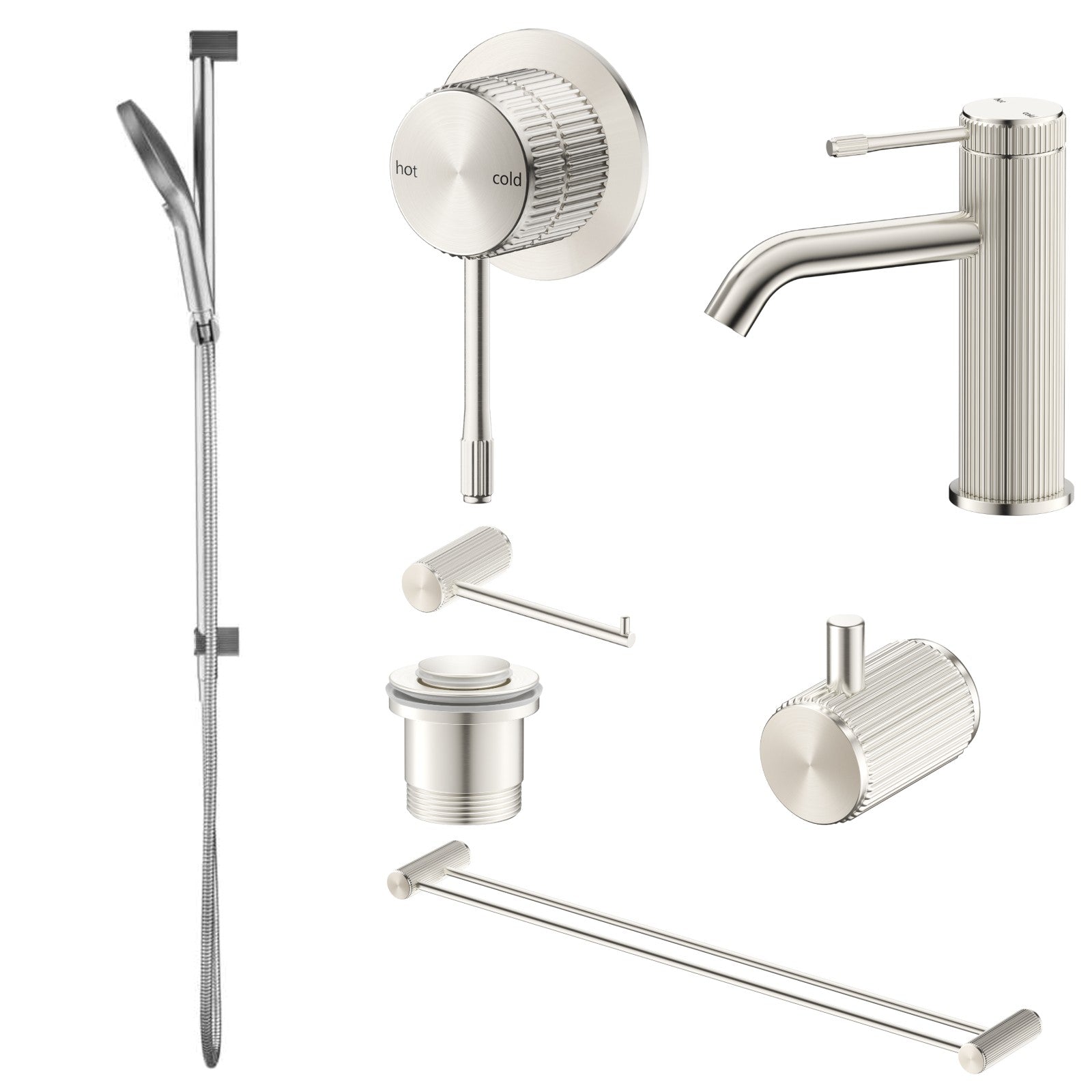 Bella Vista Mica Fluted 7-Piece Bathroom Package Builder - Brushed Nickel: every piece in the package