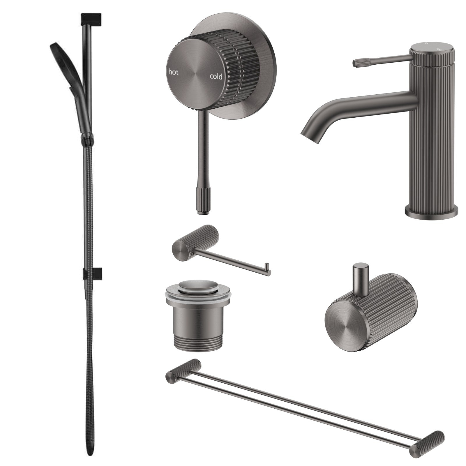 Bella Vista Mica Fluted 7-Piece Bathroom Package Builder - Gun Metal: every piece in the package