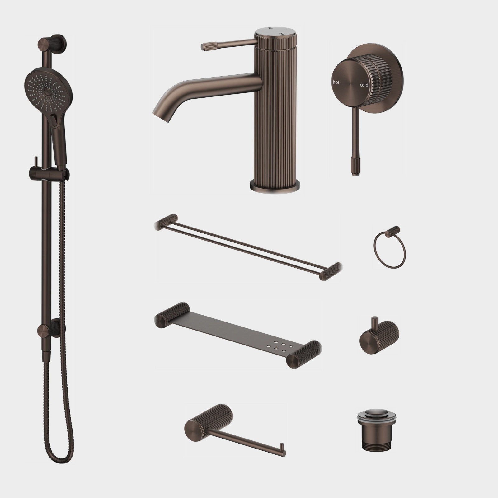 Bella Vista Mica Fluted 9-Piece Bathroom Package Builder - Dusk Bronze: every piece in the package
