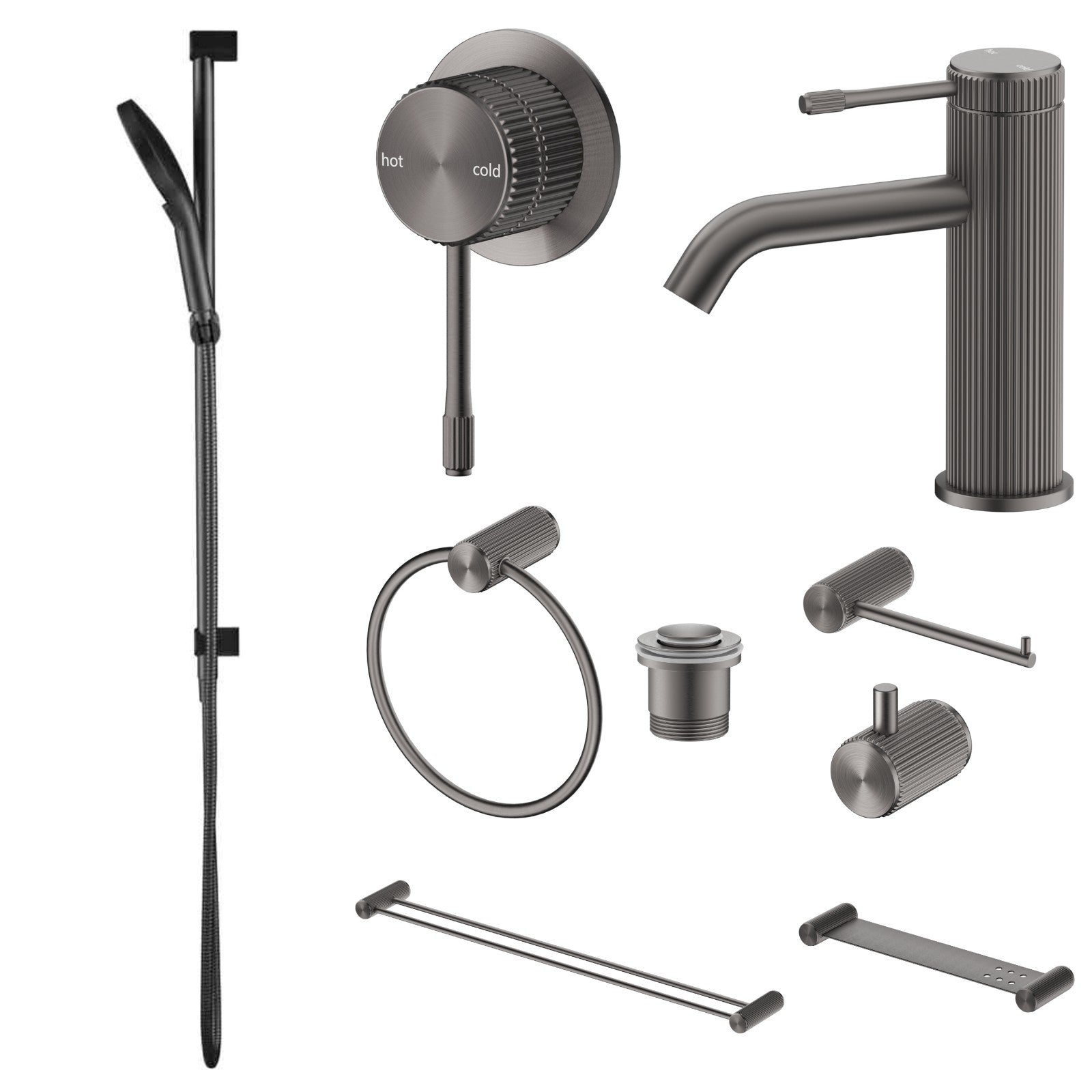 Bella Vista Mica Fluted 9-Piece Bathroom Package Builder - Gun Metal: every piece in the package