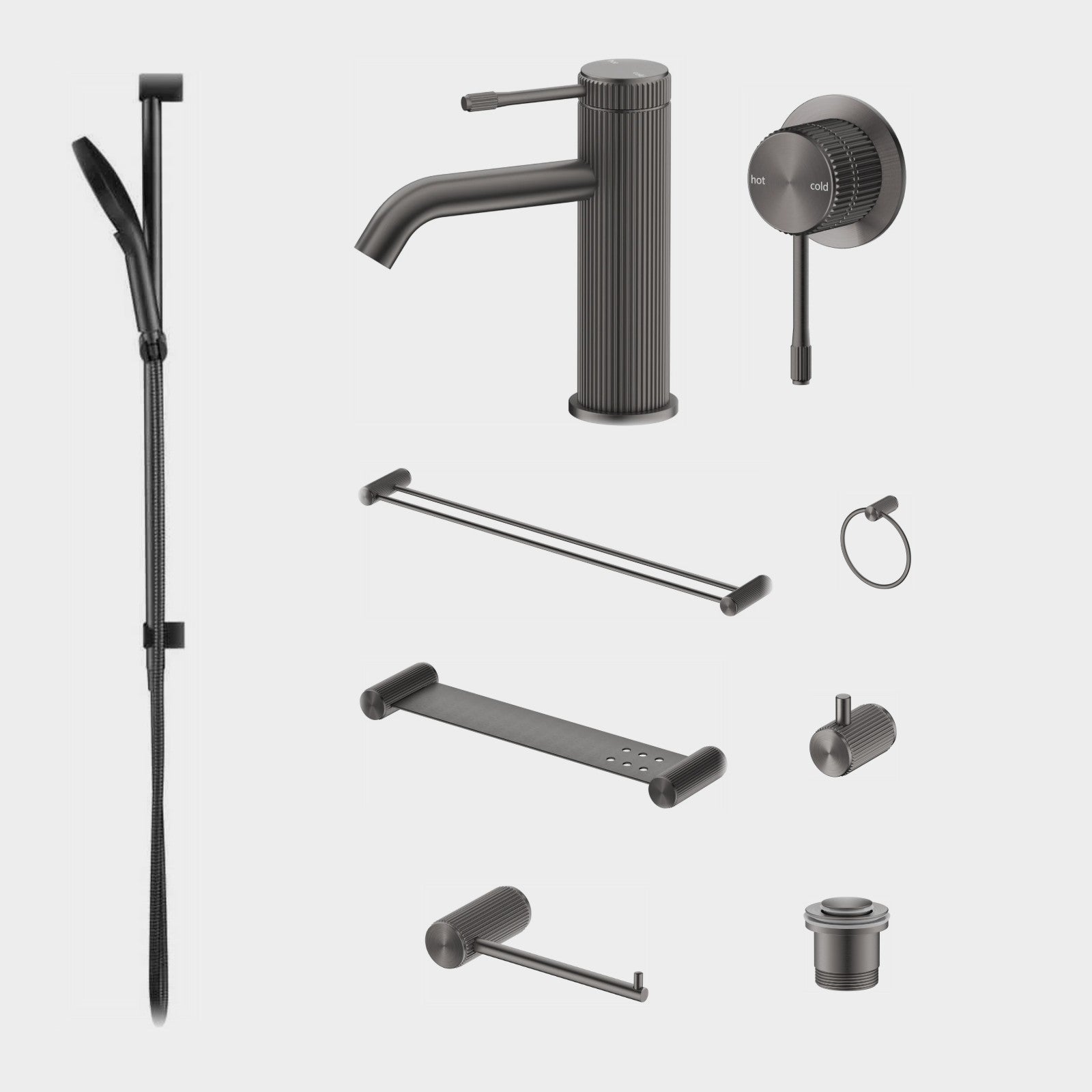 Bella Vista Mica Fluted 9-Piece Bathroom Package Builder - Gun Metal: every piece in the package