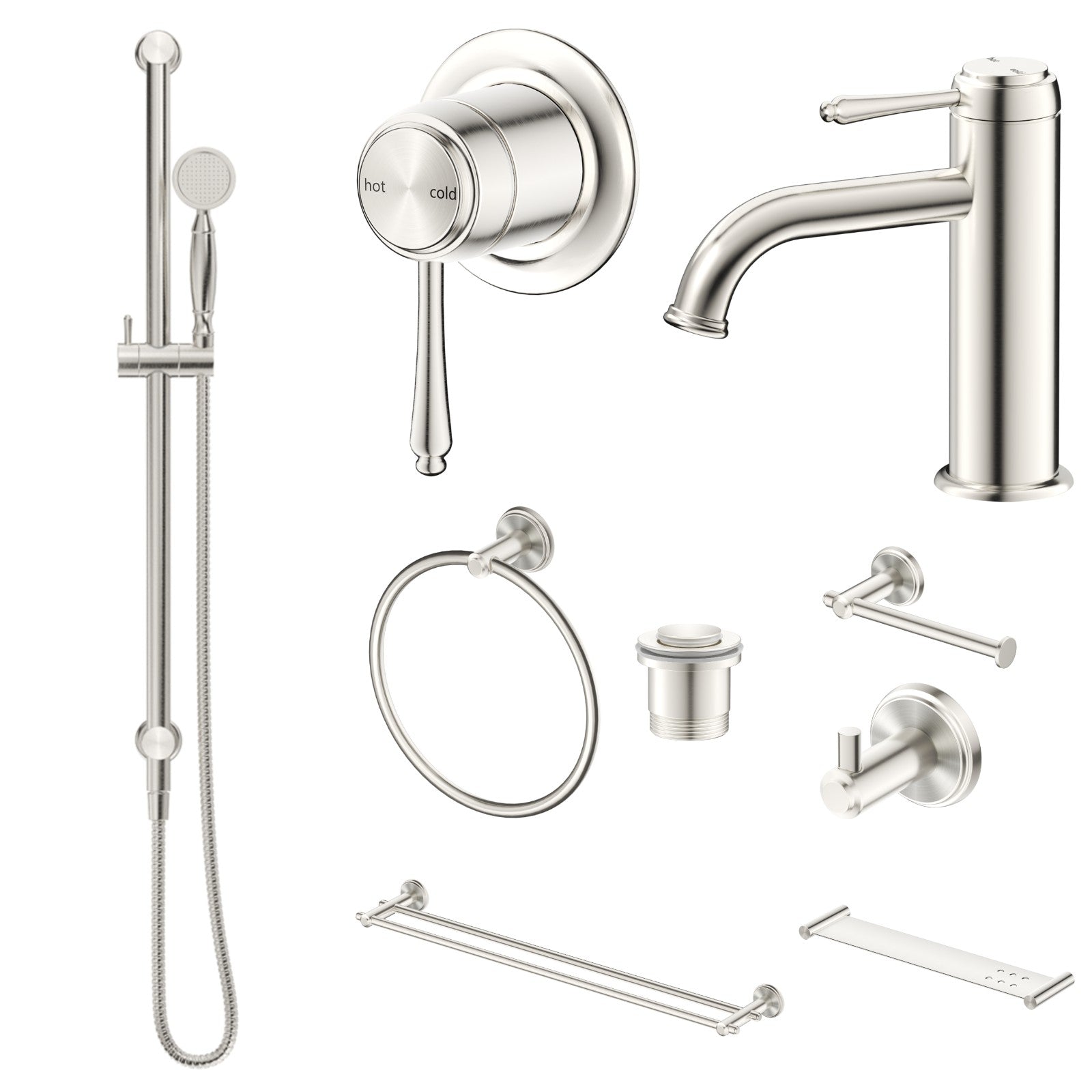 Bella Vista Mica Heritage 10-Piece Bathroom Package Builder - Brushed Nickel: every piece in the package