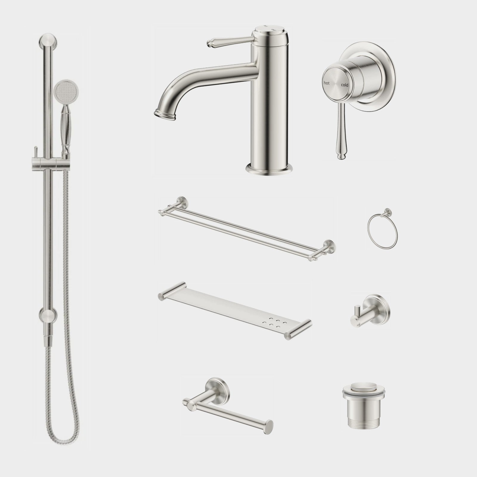 Bella Vista Mica Heritage 10-Piece Bathroom Package Builder - Brushed Nickel: every piece in the package