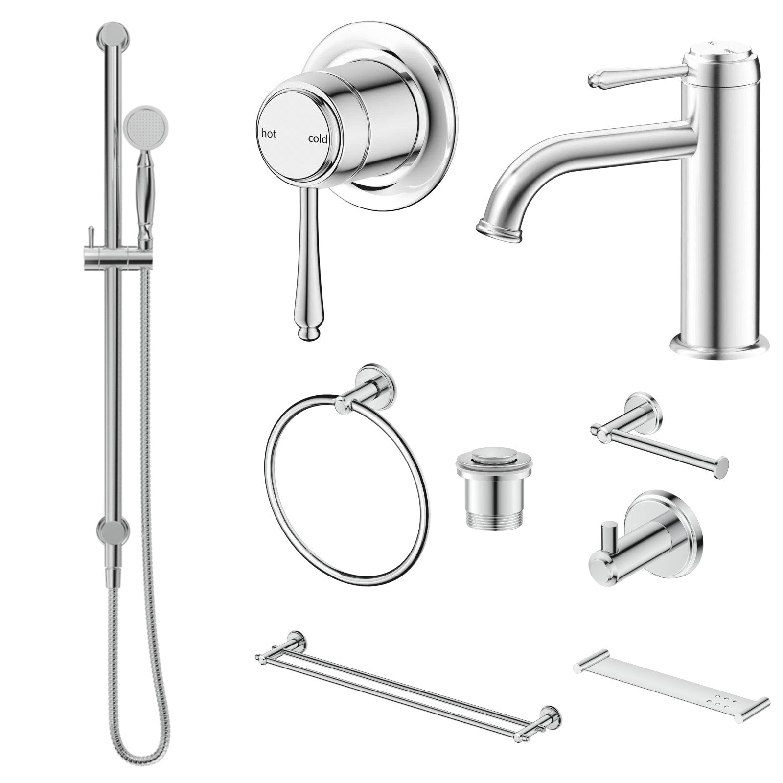 Bella Vista Mica Heritage 10-Piece Bathroom Package Builder - Chrome: every piece in the package