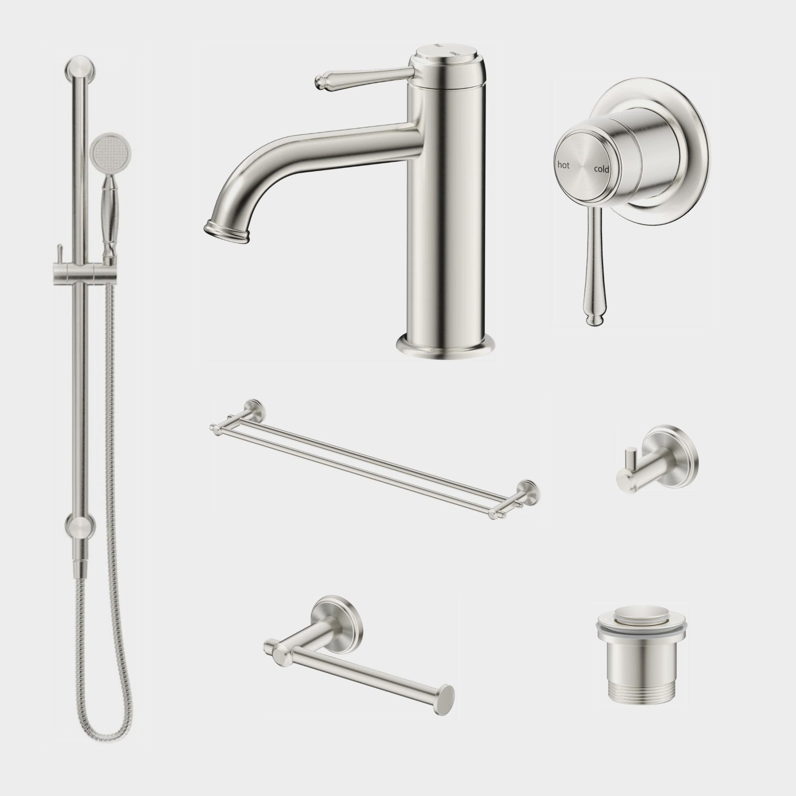 Bella Vista Mica Heritage 8-Piece Bathroom Package Builder - Brushed Nickel: every piece in the package