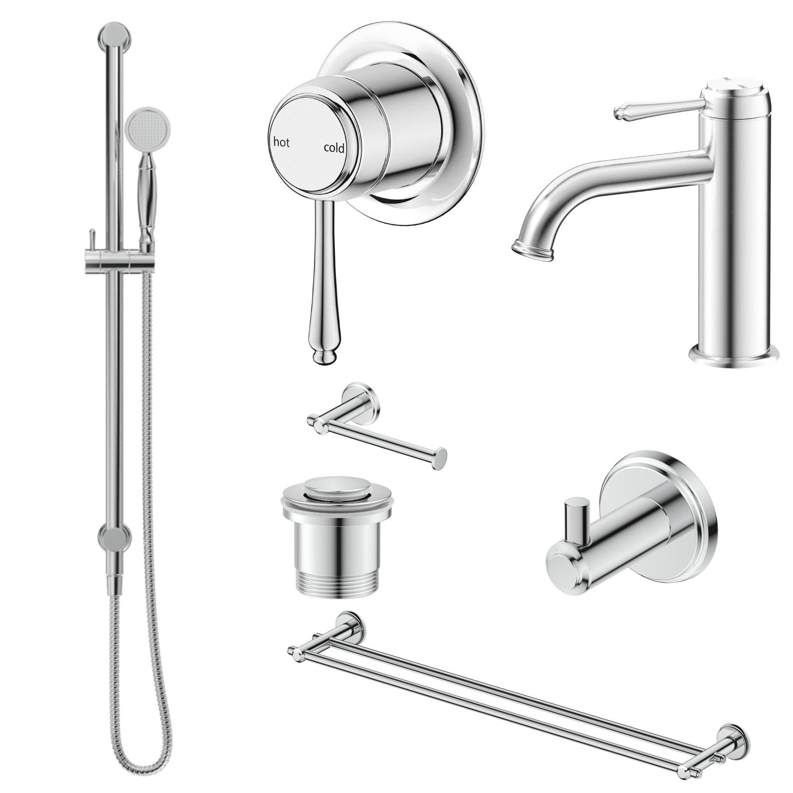 Bella Vista Mica Heritage 8-Piece Bathroom Package Builder - Chrome: every piece in the package