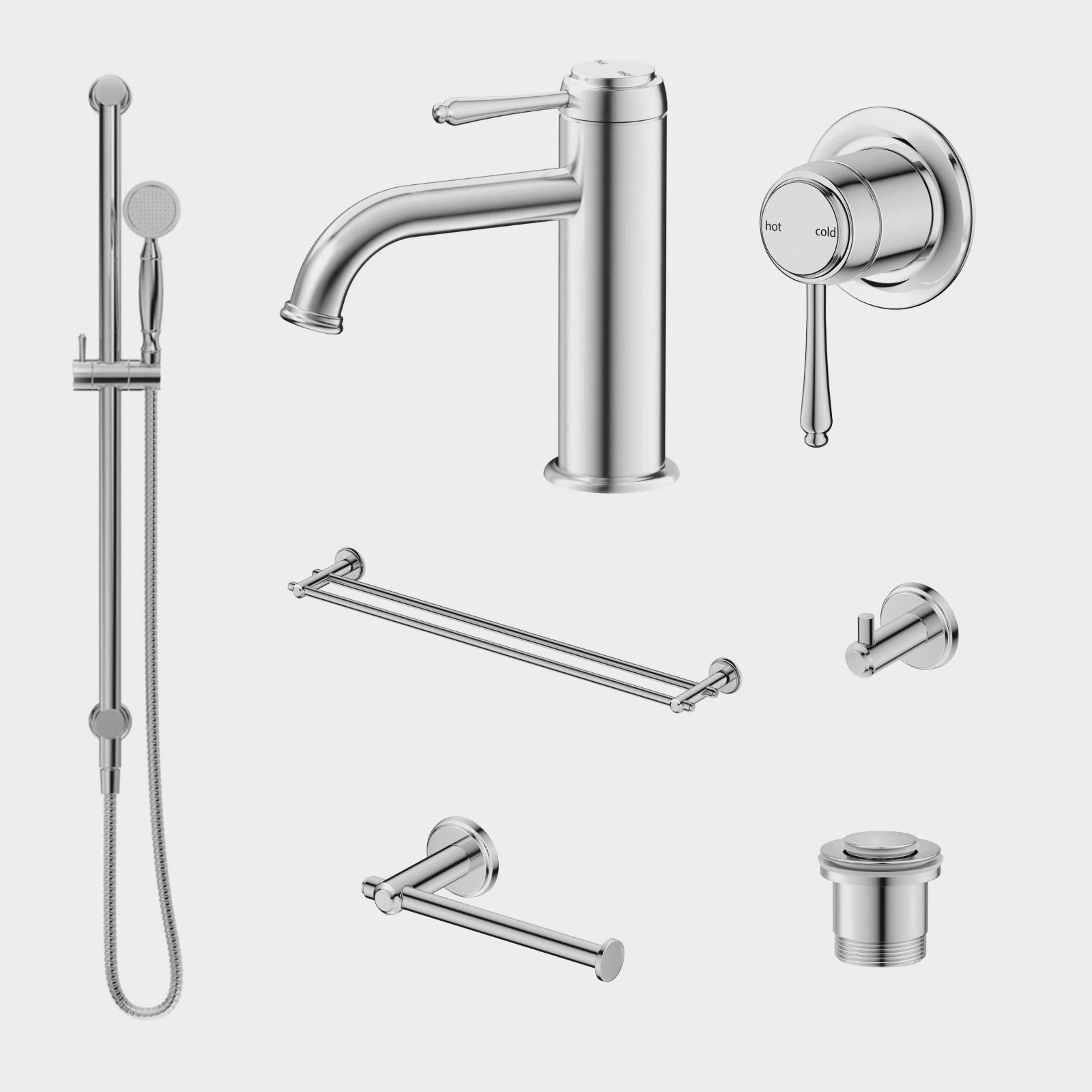 Bella Vista Mica Heritage 8-Piece Bathroom Package Builder - Chrome: every piece in the package
