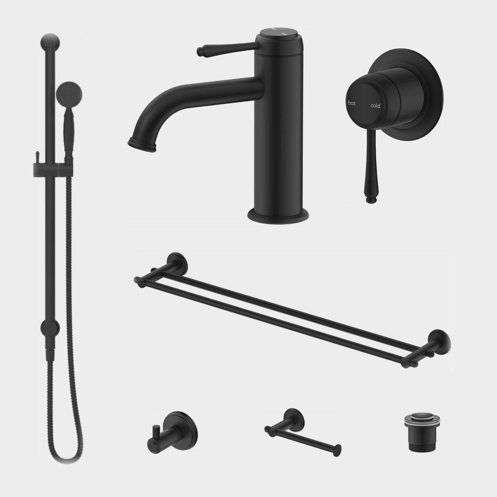 Bella Vista Mica Heritage 8-Piece Bathroom Package Builder - Matte Black: every piece in the package