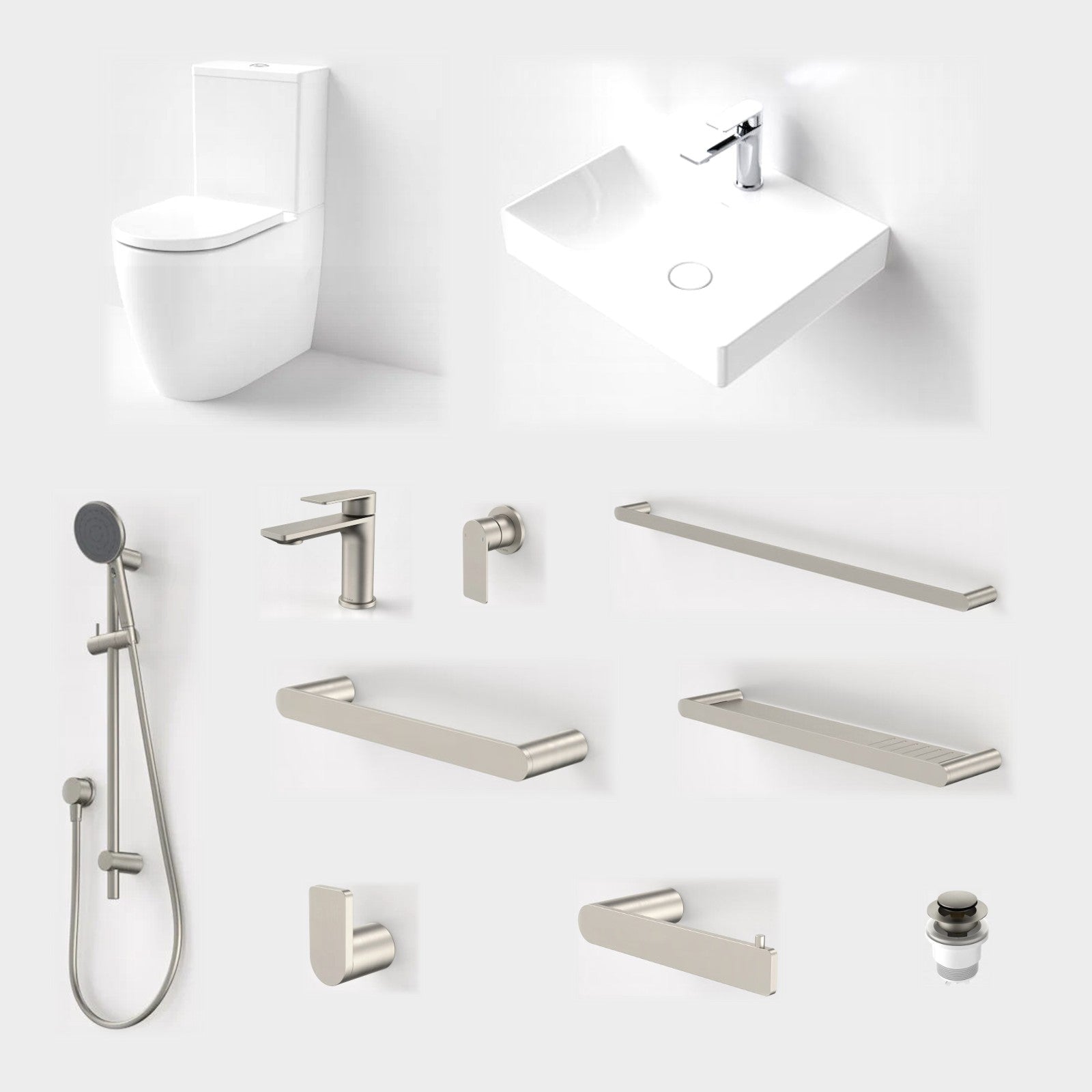 Caroma Urbane II 11-Piece Bathroom Package with Toilet - Brushed Nickel: every piece in the package