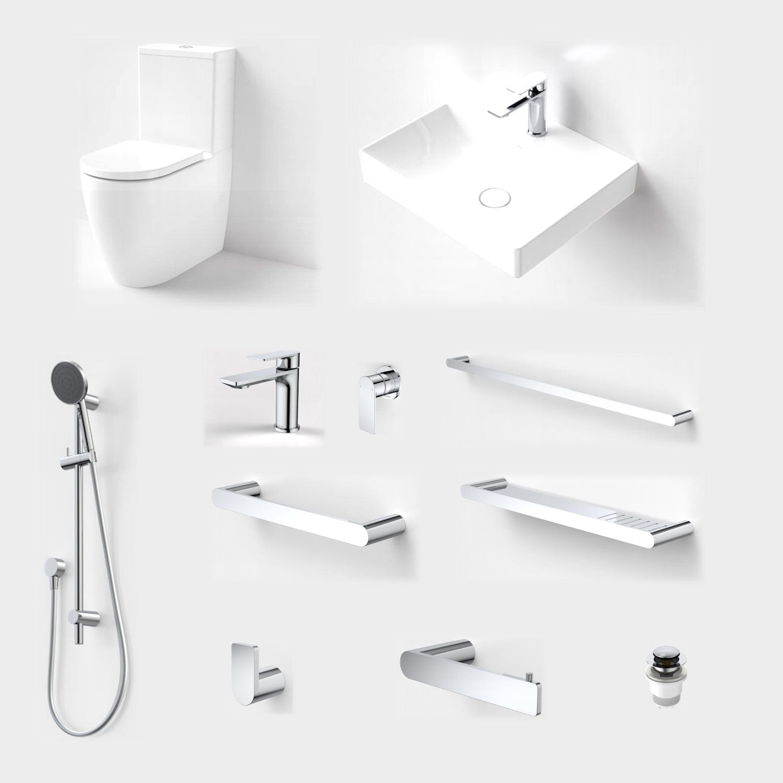 Caroma Urbane II 11-Piece Bathroom Package with Toilet - Chrome: every piece in the package