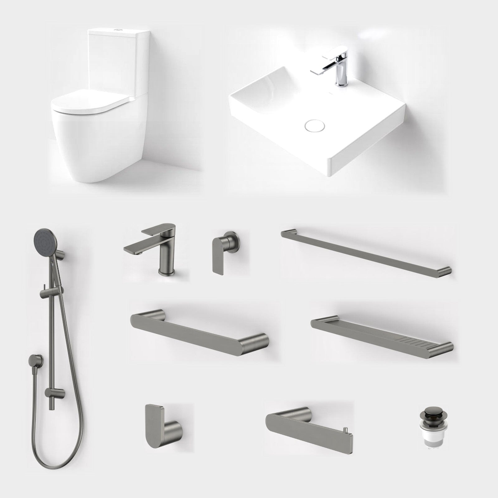 Caroma Urbane II 11-Piece Bathroom Package with Toilet - Gunmetal: every piece in the package