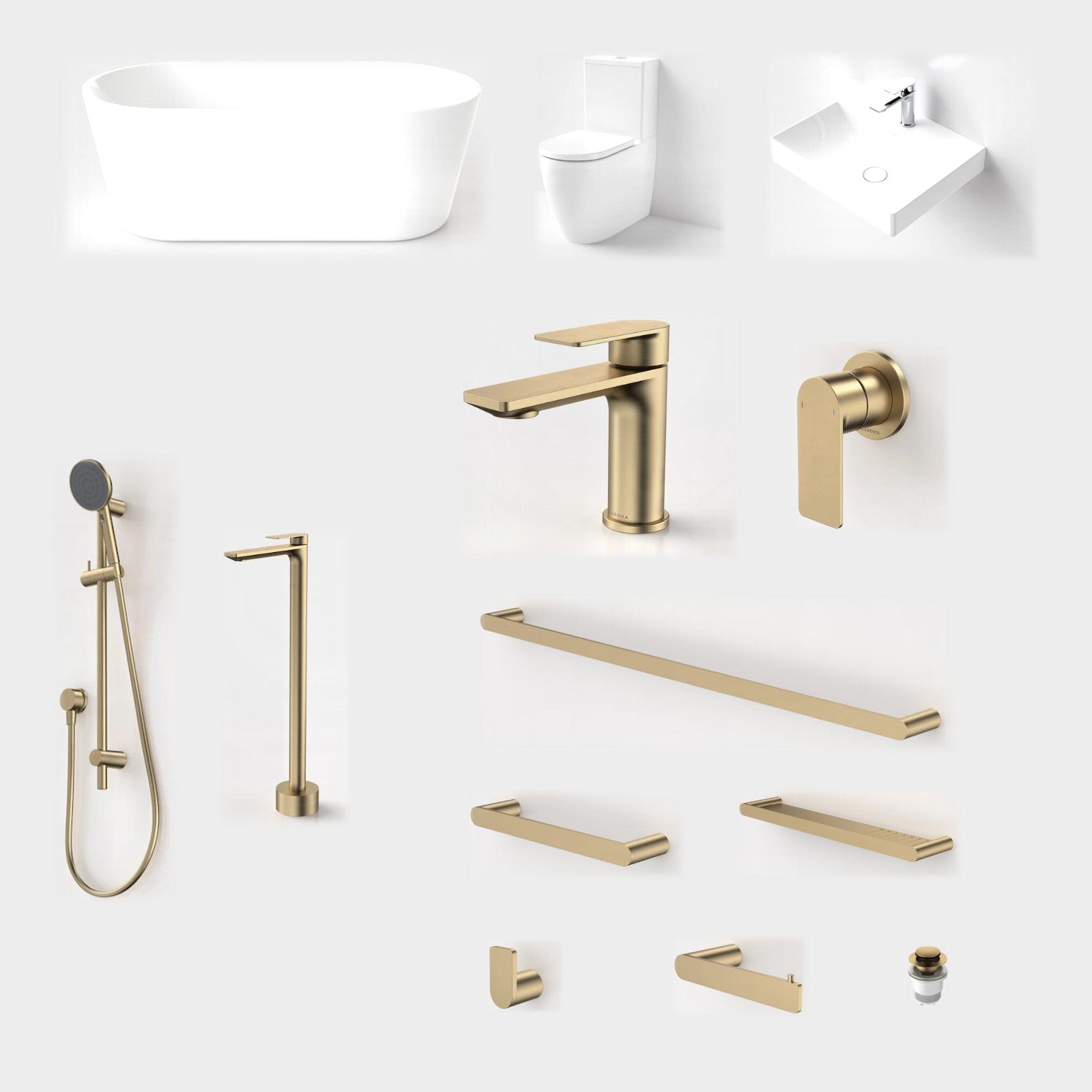 Caroma Urbane II 14-Piece Bathroom Package with Bath - Brushed Brass: every piece in the package