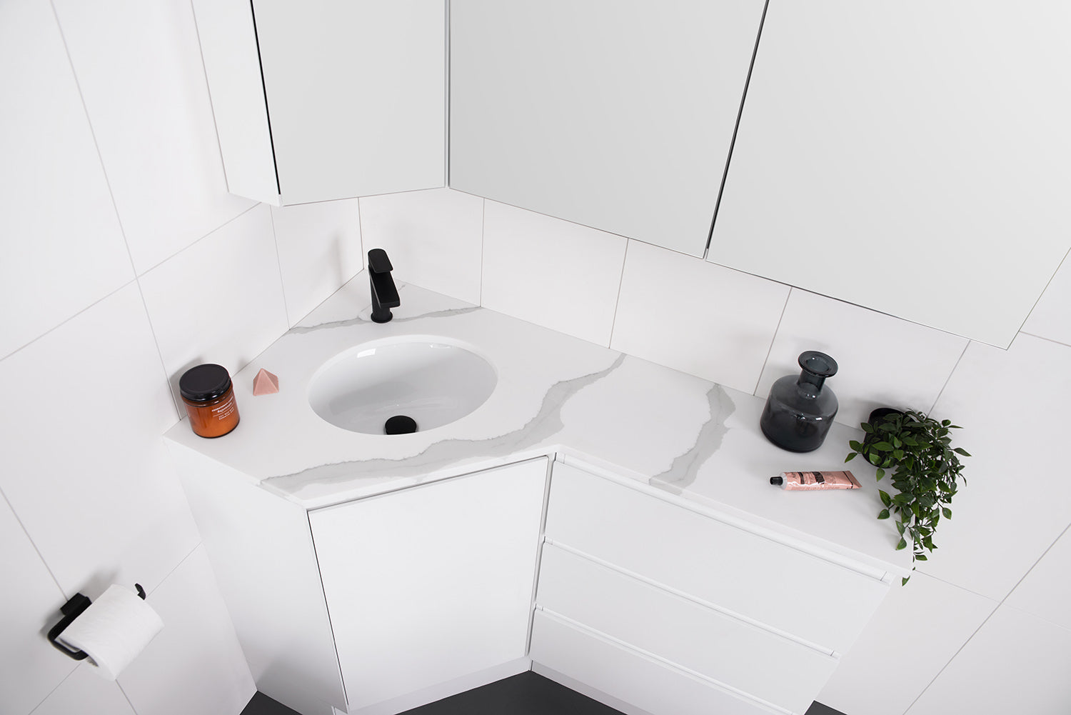 ADP Glacier vanity: Left hand Bowl, Oval Under-Counter basin (sold separately).
