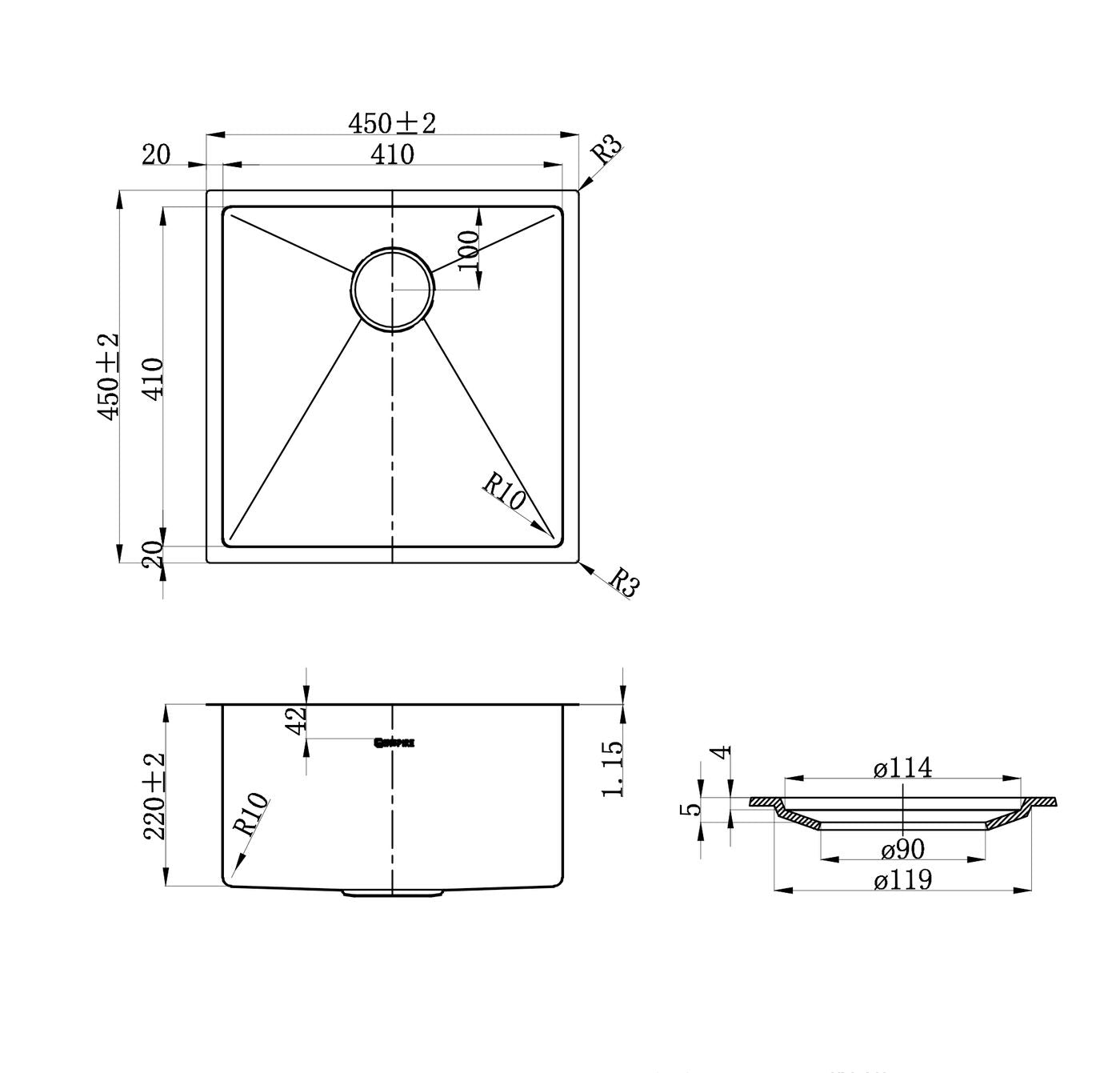 Otti Axon Sink 45S 450x450x220 — Chrome