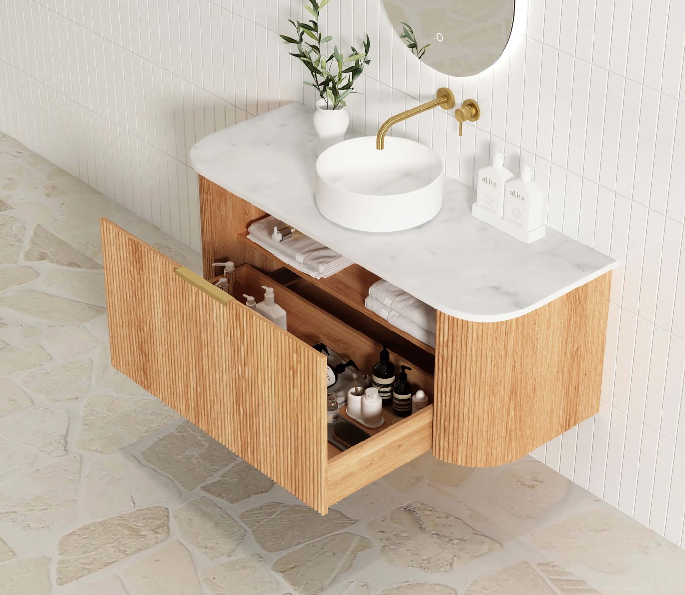 Otti Bondi Fluted Wall Hung Vanity | Satin White & Woodland Oak