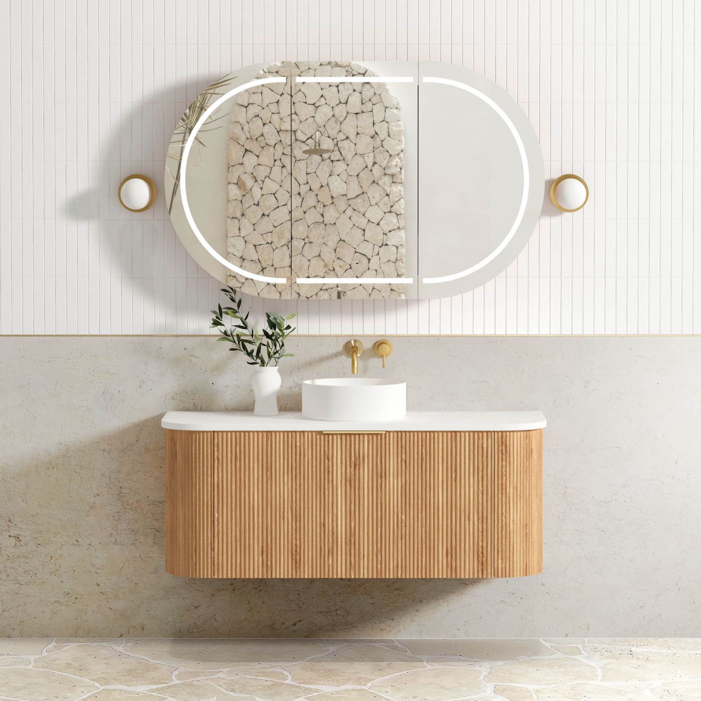 Otti Bondi Fluted Wall Hung Vanity | Satin White & Woodland Oak