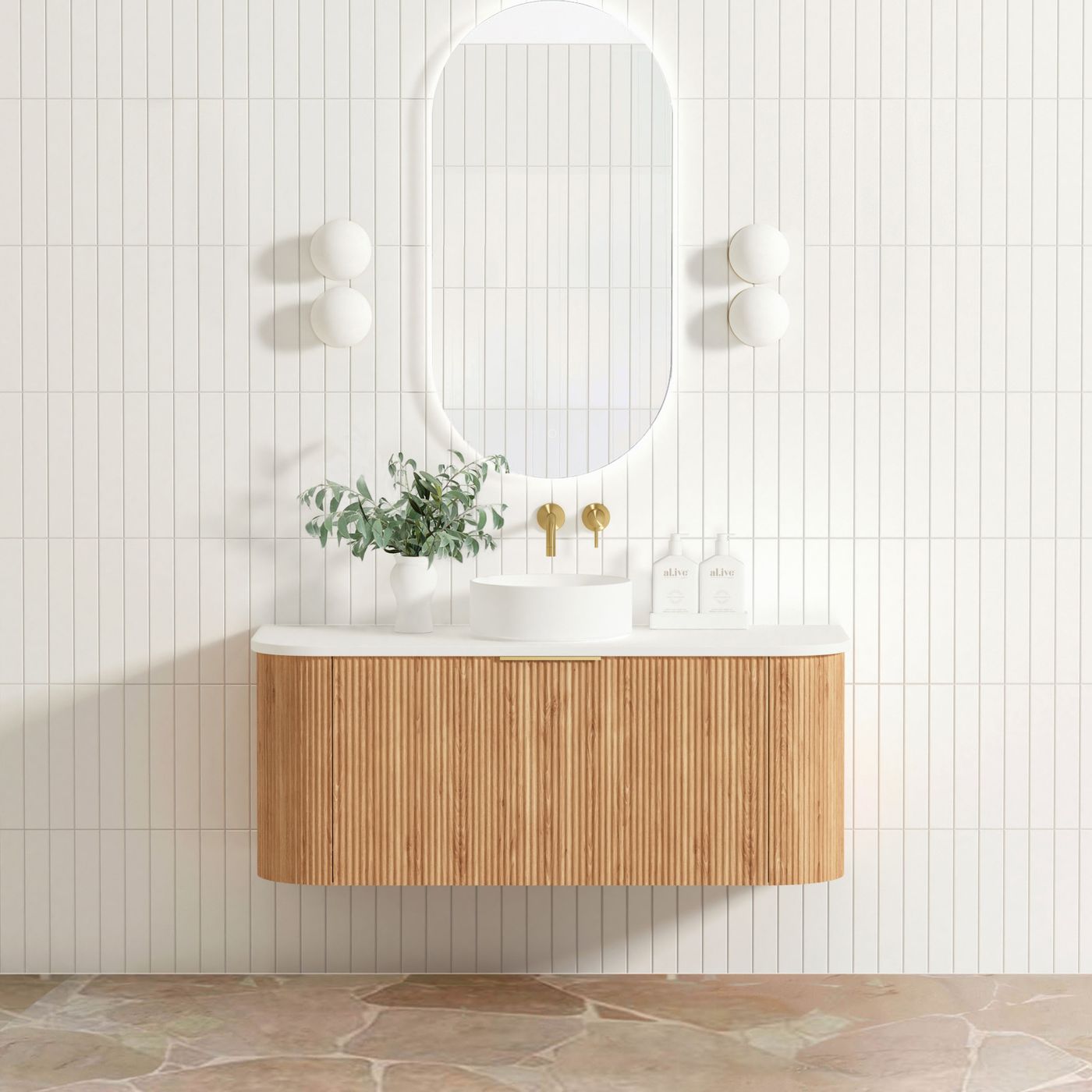 Otti Bondi Fluted Wall Hung Vanity | Satin White & Woodland Oak