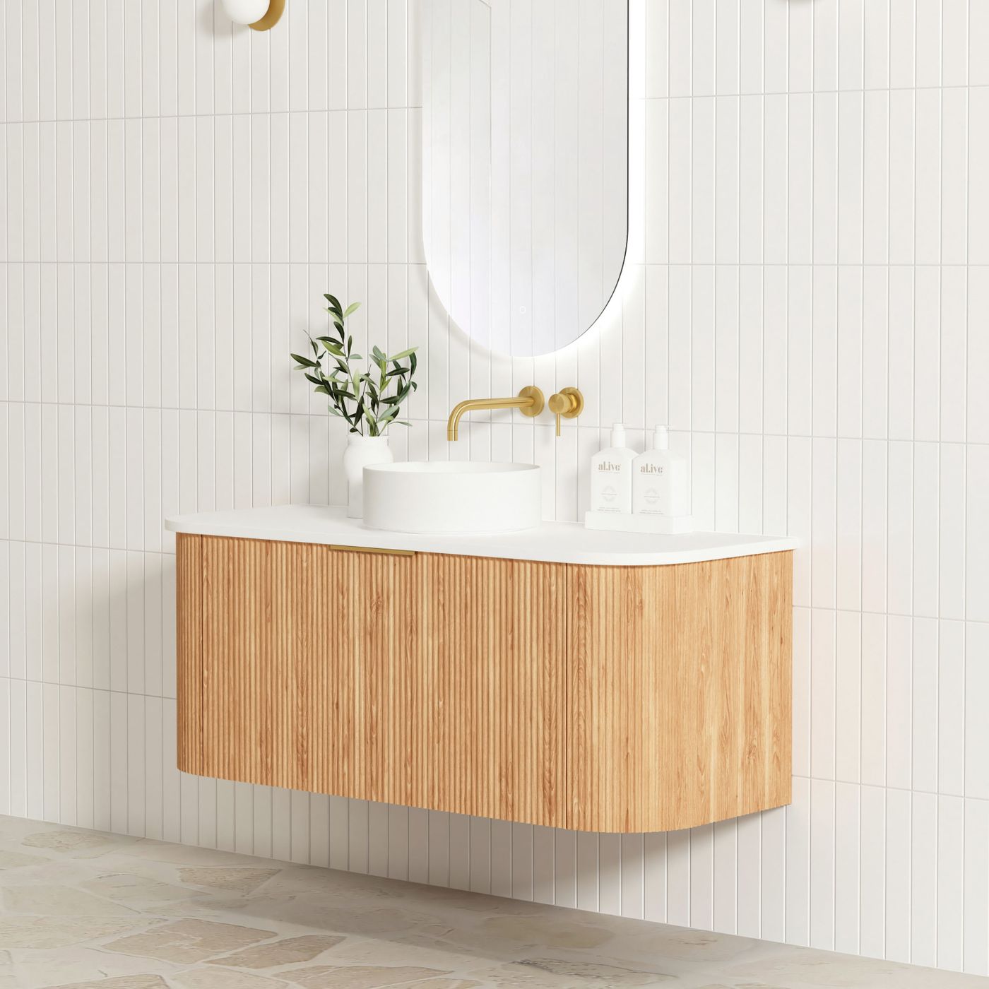 Otti Bondi Fluted Wall Hung Vanity | Satin White & Woodland Oak