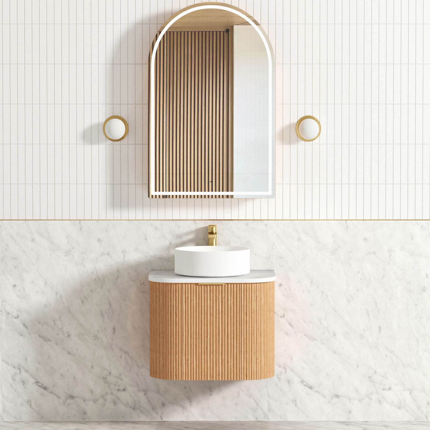 Otti Bondi Fluted Wall Hung Vanity | Satin White & Woodland Oak