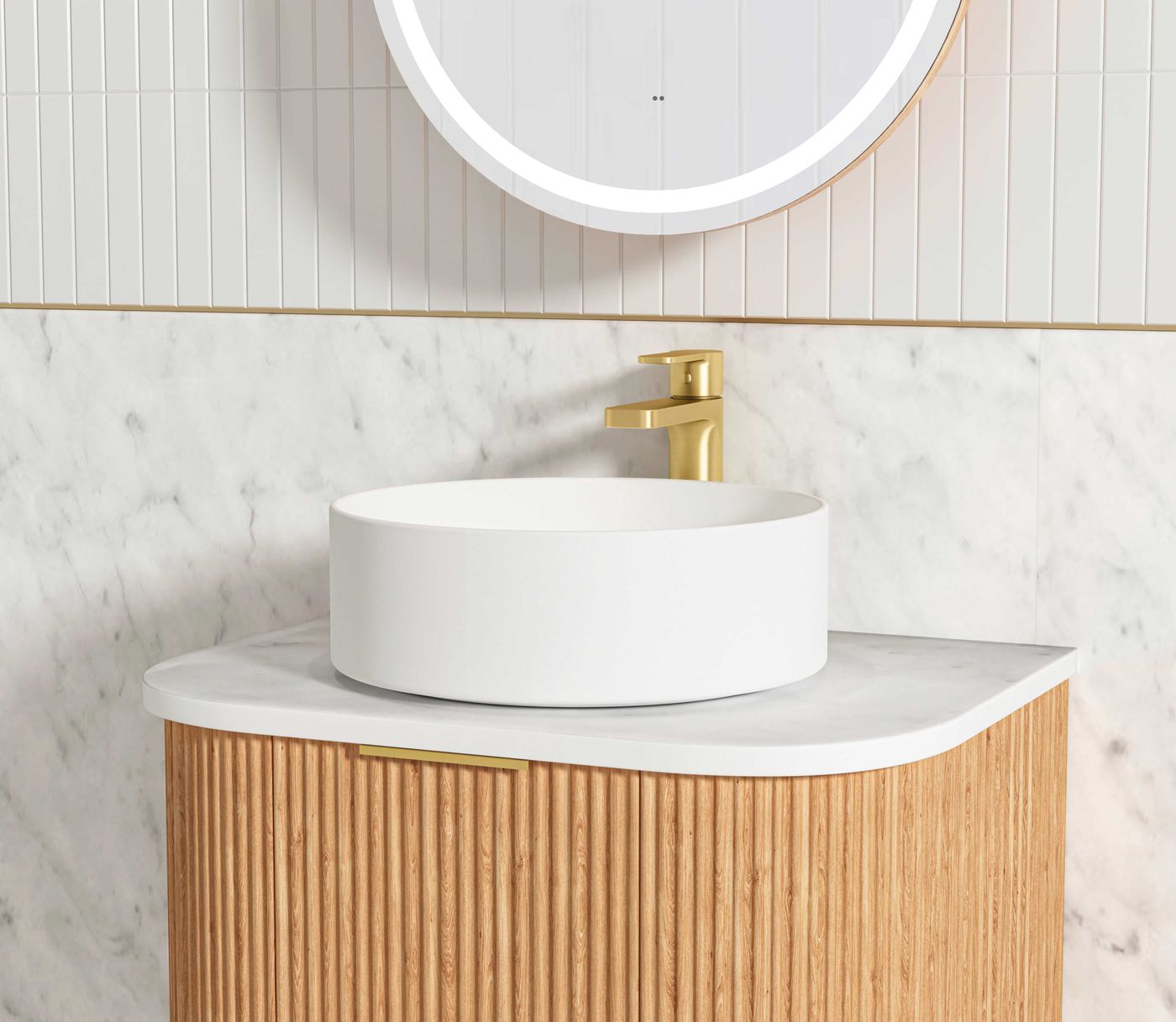 Otti Bondi Fluted Wall Hung Vanity | Satin White & Woodland Oak